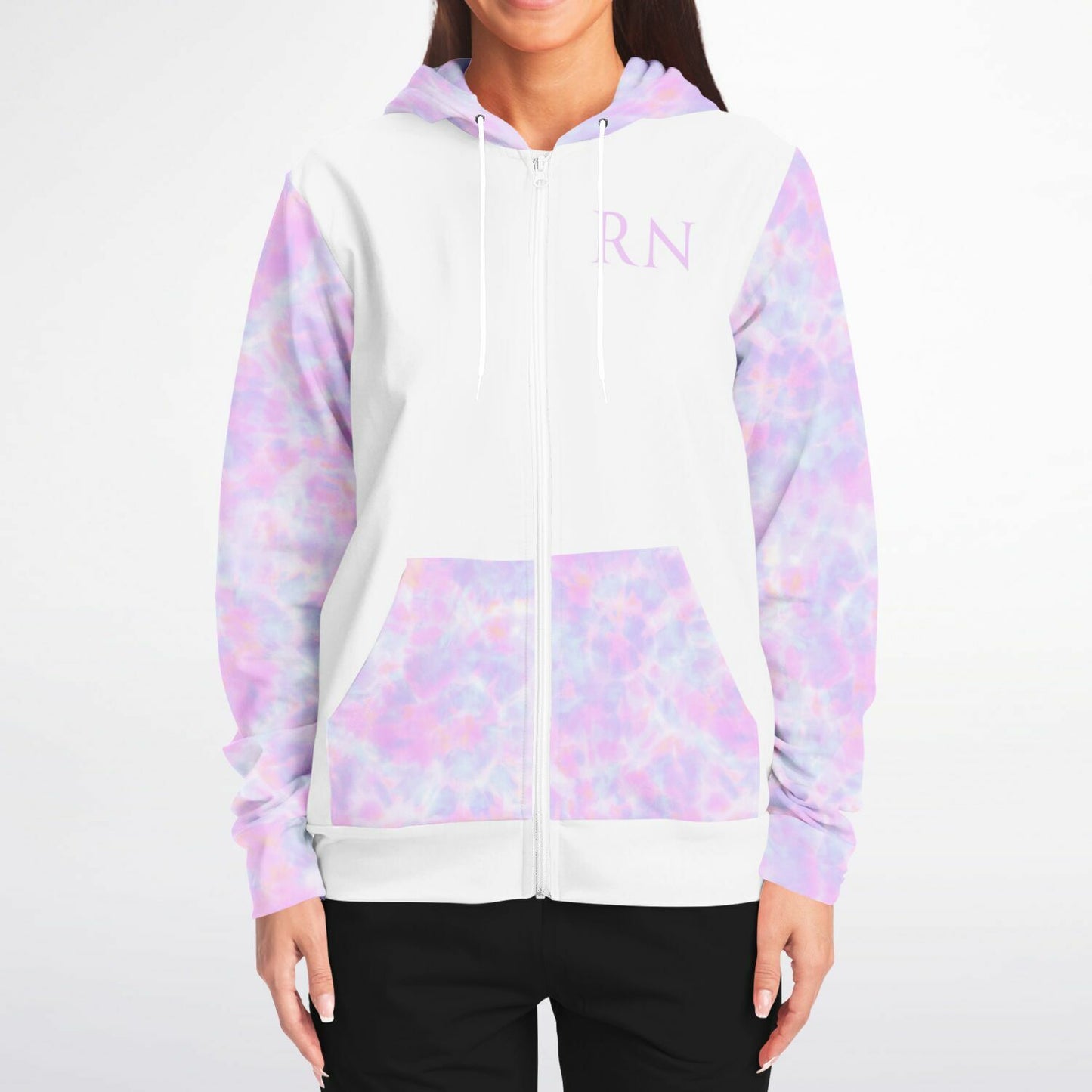 CVICU, RN, Nurse Fashion Zip-Up Hoodie - White, purple and light blue sleeves