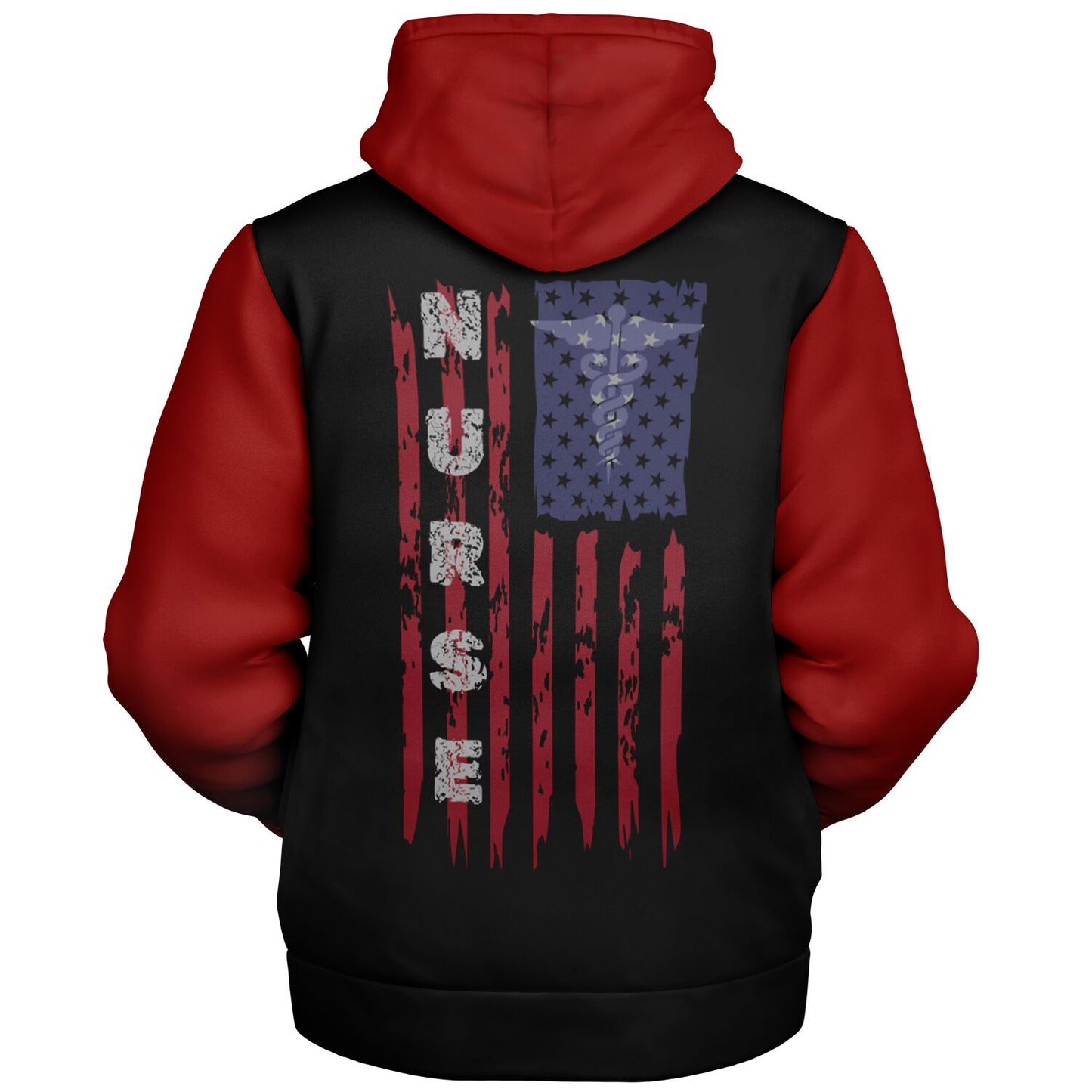 Nurse with US flag, Black and Red Microfleece Zip-hoodie -