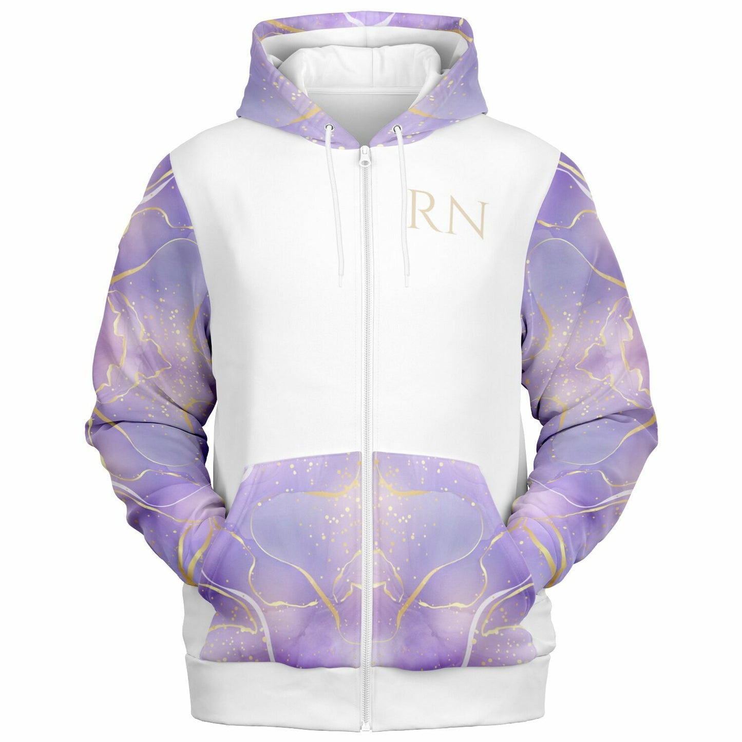 CVICU, RN, Nurse Fashion Zip-Up Hoodie - White, gold text, with purple and gold ribbon sleeves