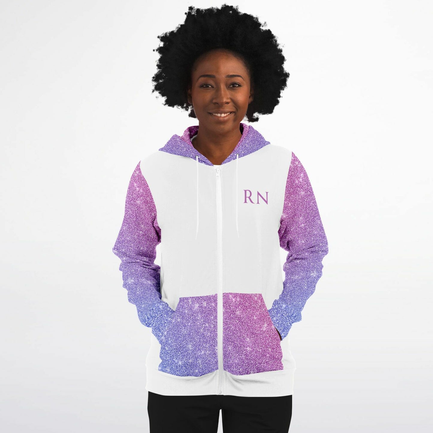 RN, Nurse Fashion Zip-Up Hoodie - White, purple and pink