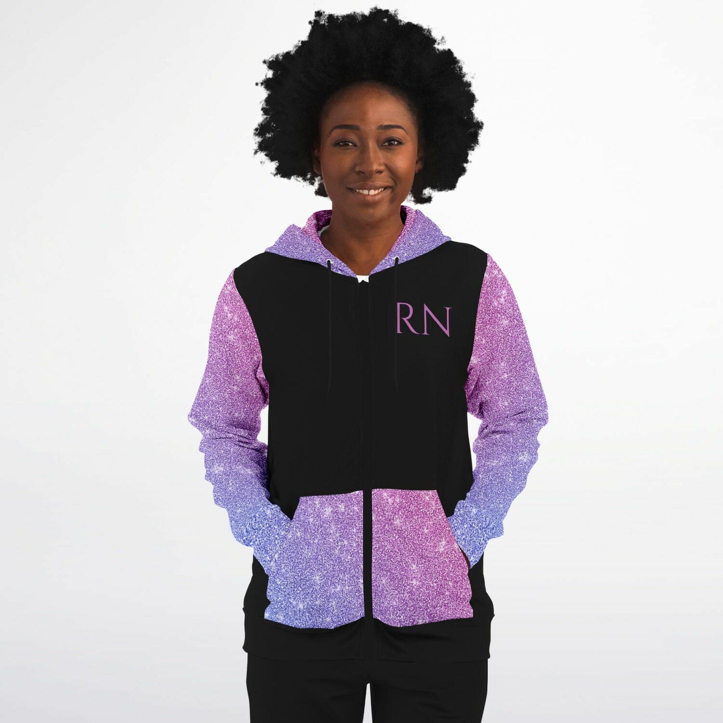 CVICU, RN, Nurse Fashion Zip-Up Hoodie - Black, purple and pink