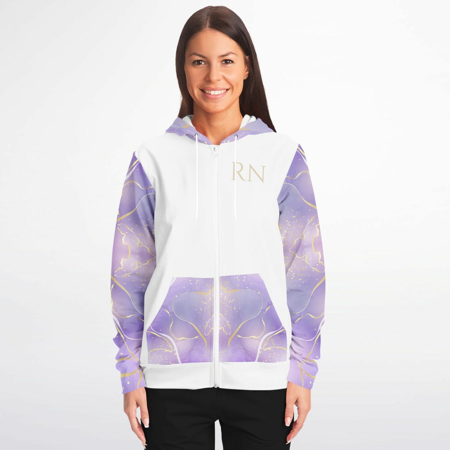 CVICU, RN, Nurse Fashion Zip-Up Hoodie - White, gold text, with purple and gold ribbon sleeves