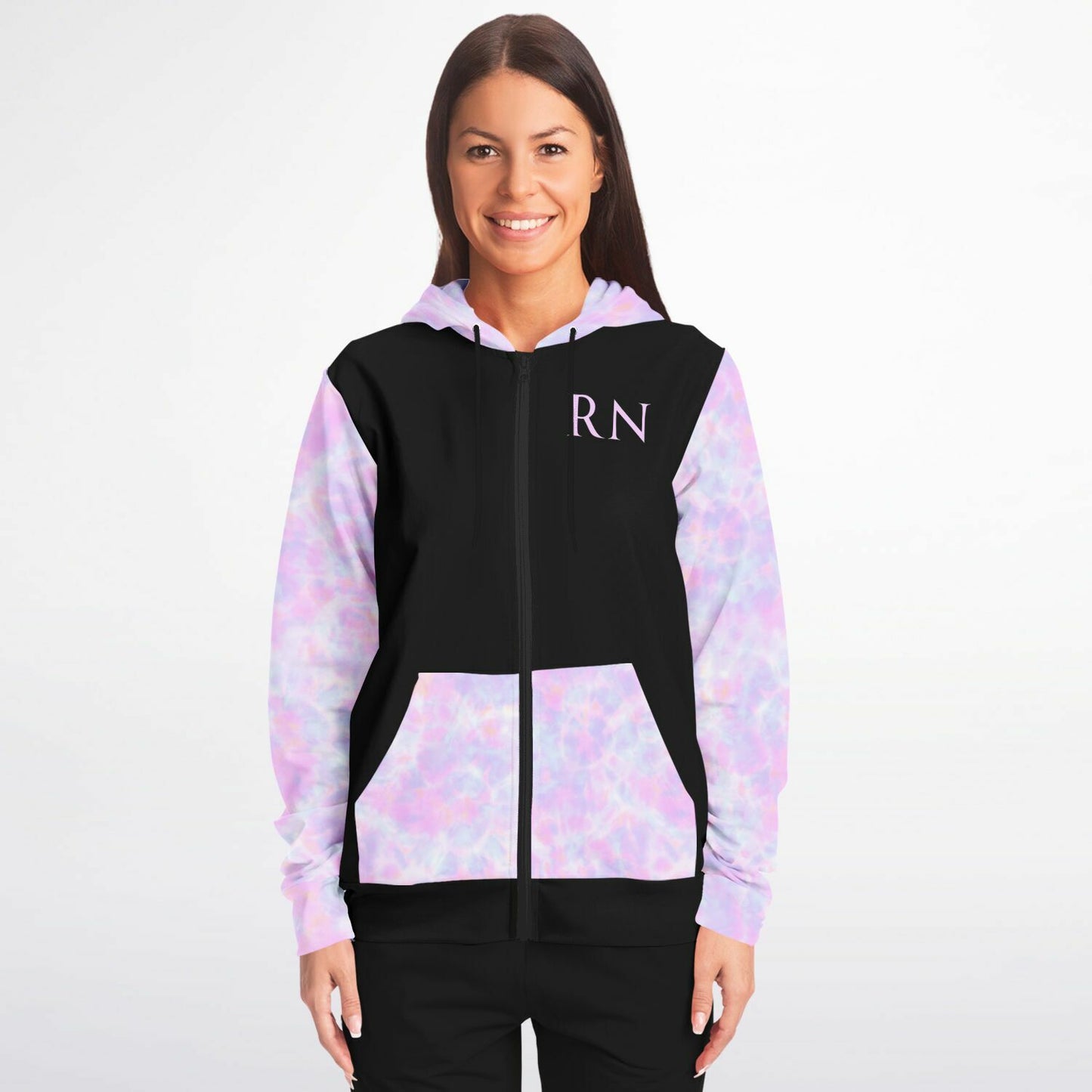RN, Nurse Fashion Zip-Up Hoodie - Black, purple and light blue sleeves