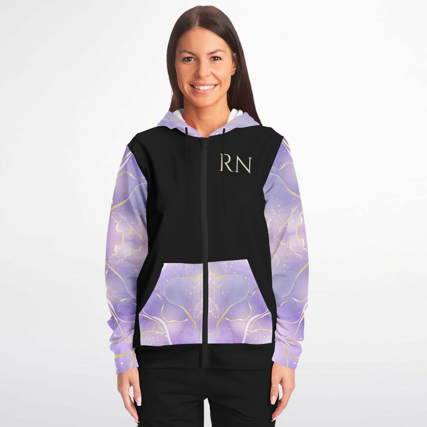 RN, Nurse Fashion Zip-Up Hoodie - Black, gold text, with purple and gold ribbon sleeves copy copy
