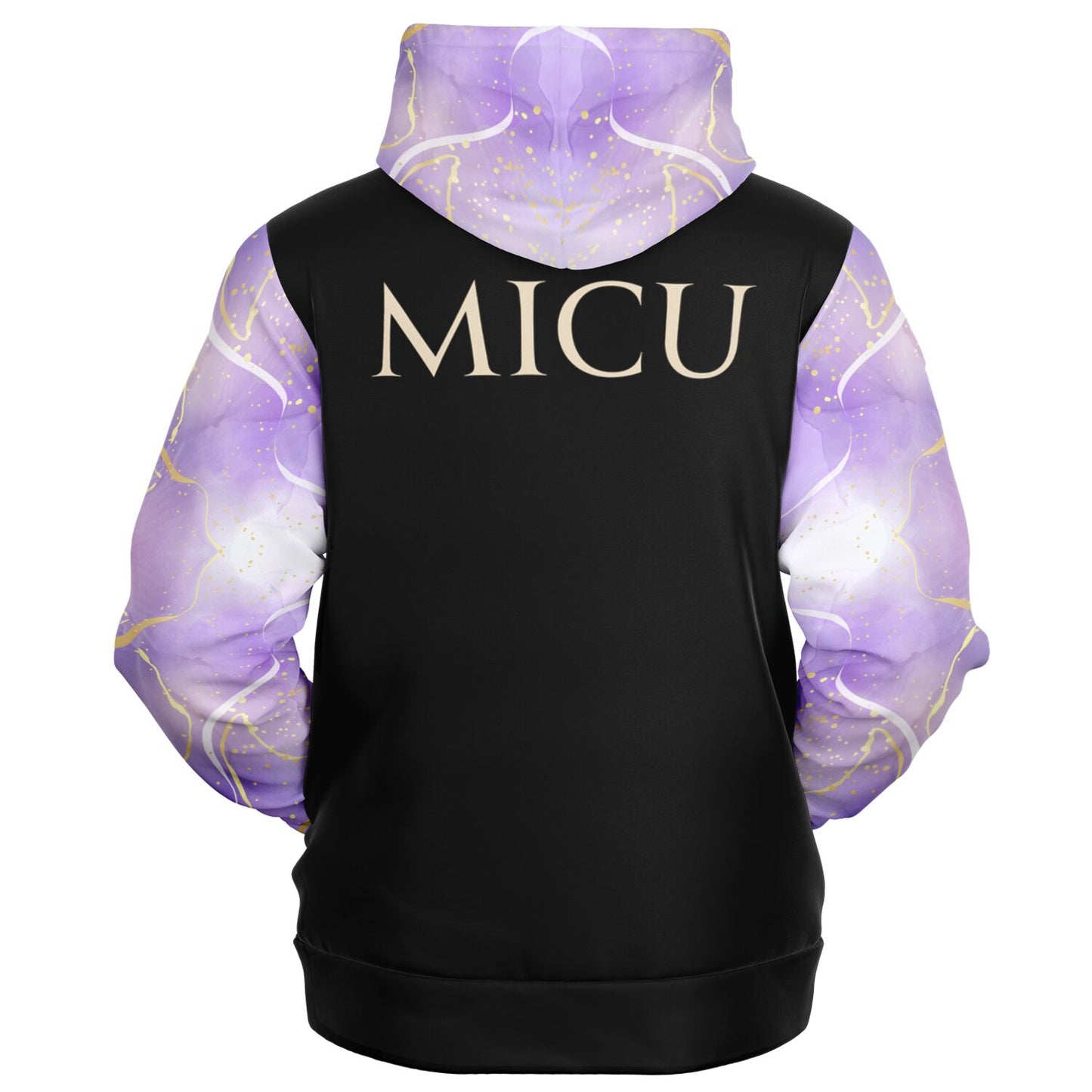 MICU, RN, Nurse Fashion Zip-Up Hoodie - Black, gold text, with purple and gold ribbon sleeves