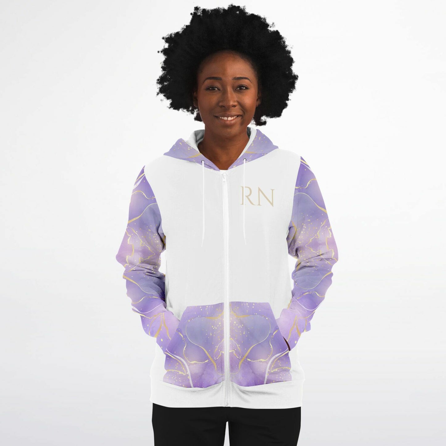 RN, Nurse Fashion Zip-Up Hoodie - White, gold text, with purple and gold ribbon sleeves