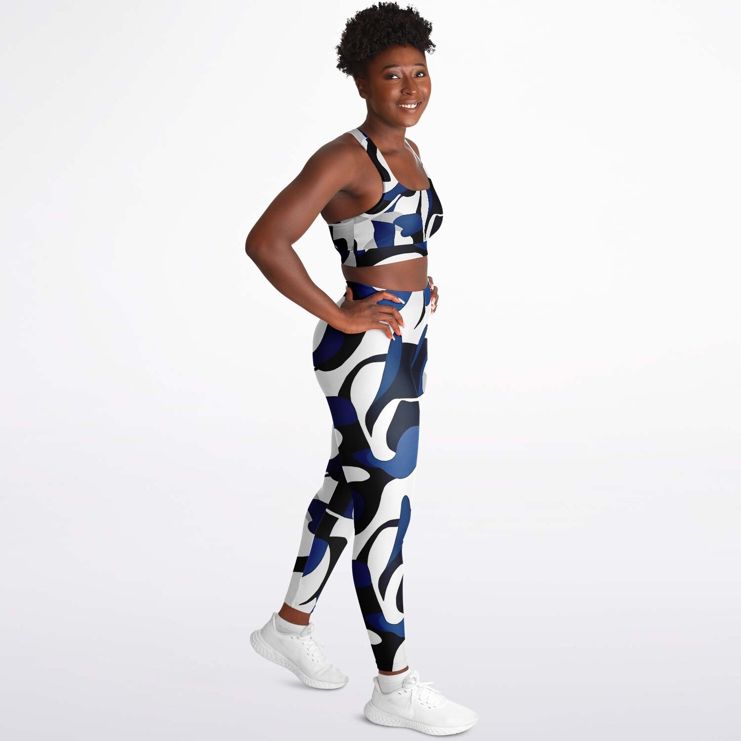 Blue with white and black Padded Sports Bra & Leggings - AOP