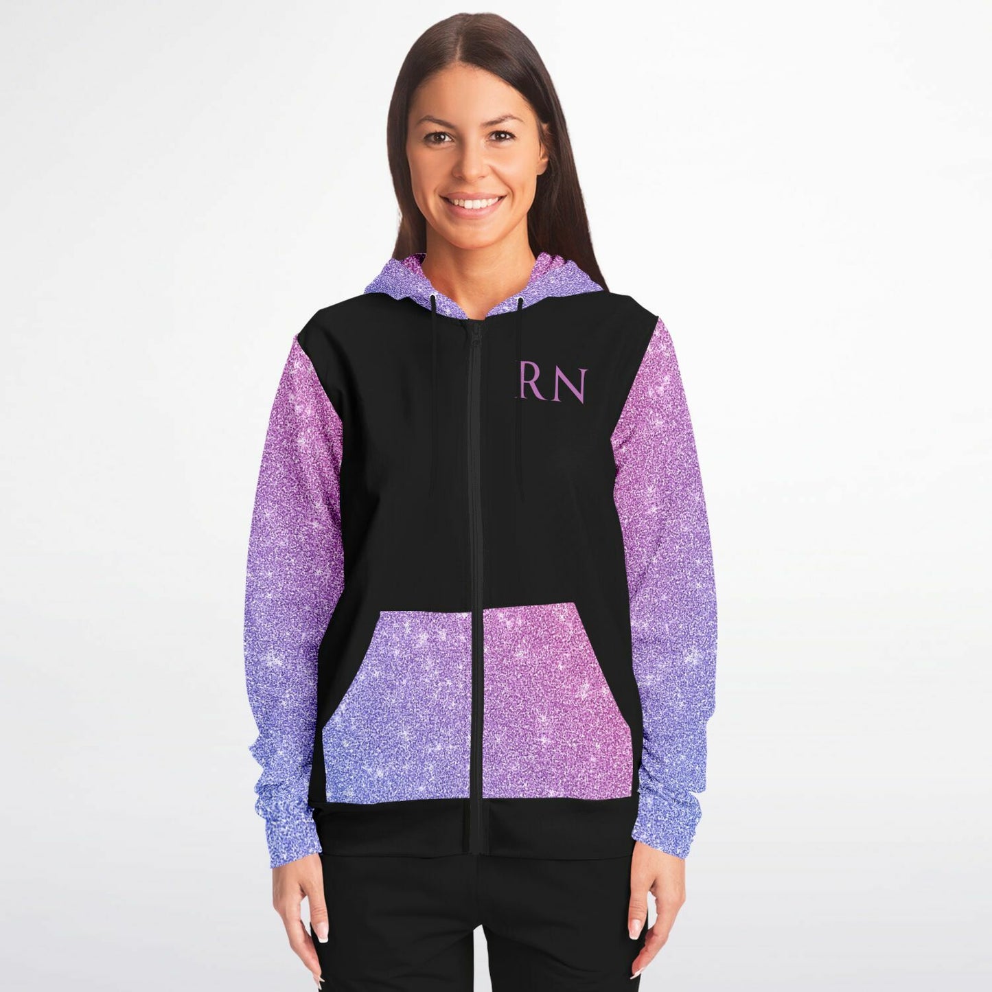 MICU, RN, Nurse Fashion Zip-Up Hoodie - Black, purple and pink sleeves