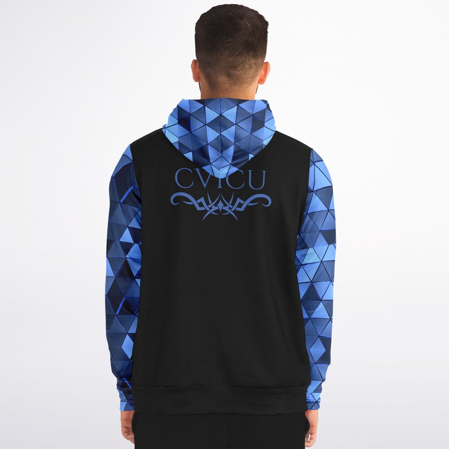 CVICU Tribal style 1, RN, Nurse Fashion Zip-Up Hoodie - Black, blue text, with blue diamond sleeves