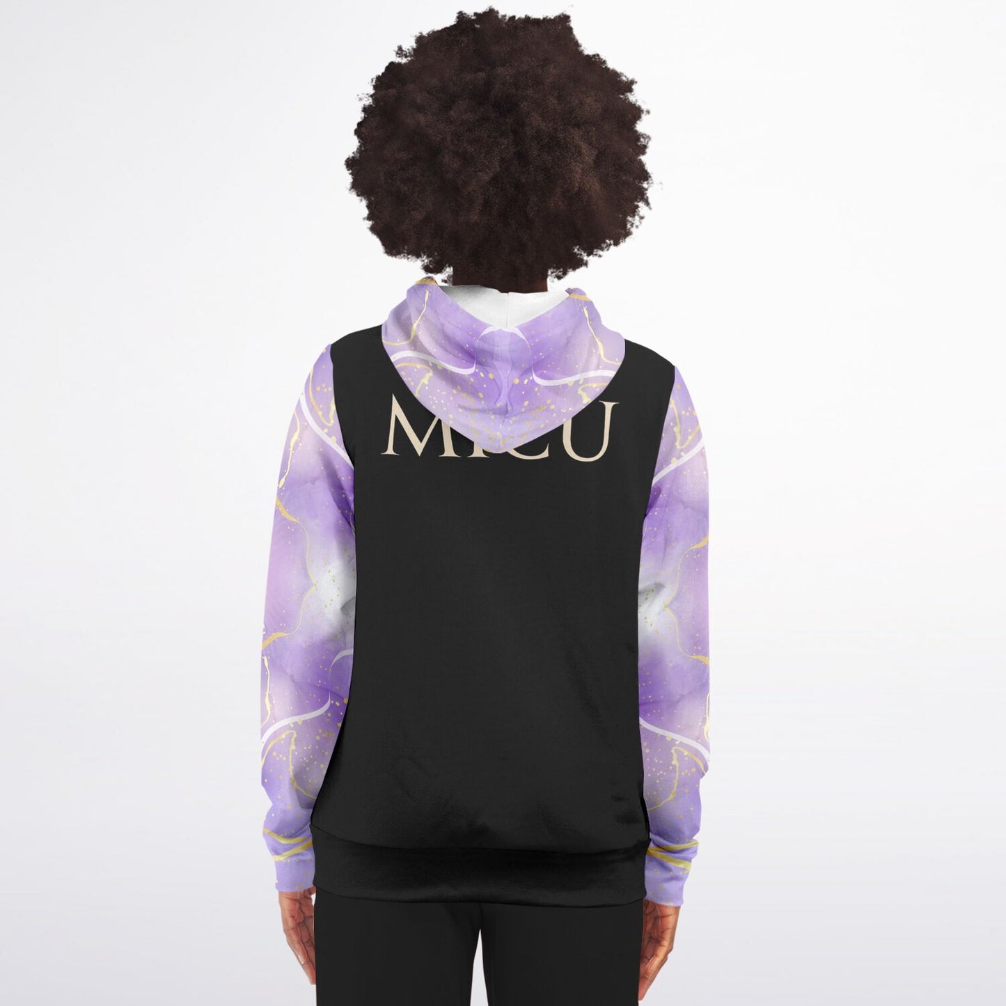 MICU, RN, Nurse Fashion Zip-Up Hoodie - Black, gold text, with purple and gold ribbon sleeves