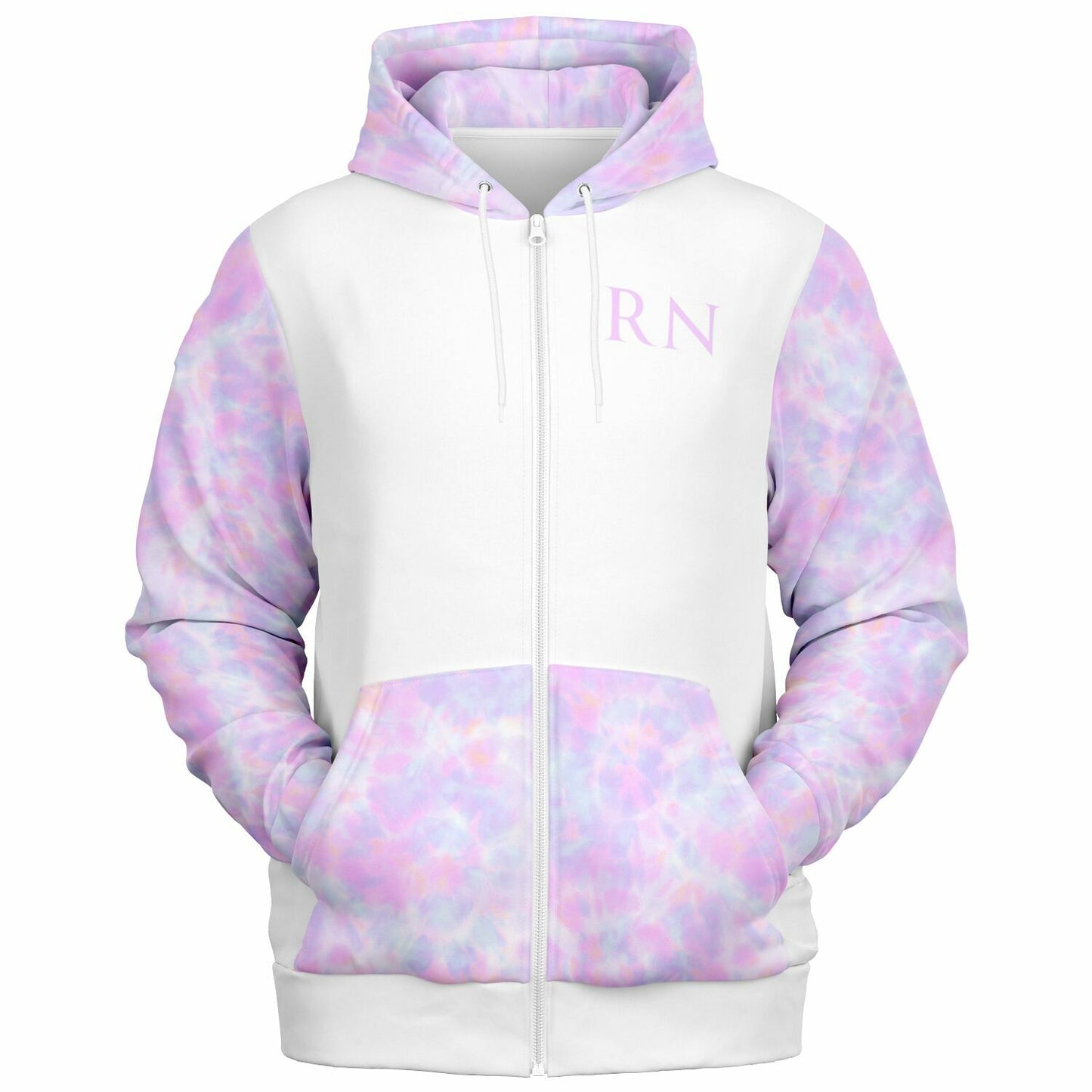 CVICU, RN, Nurse Fashion Zip-Up Hoodie - White, purple and light blue sleeves
