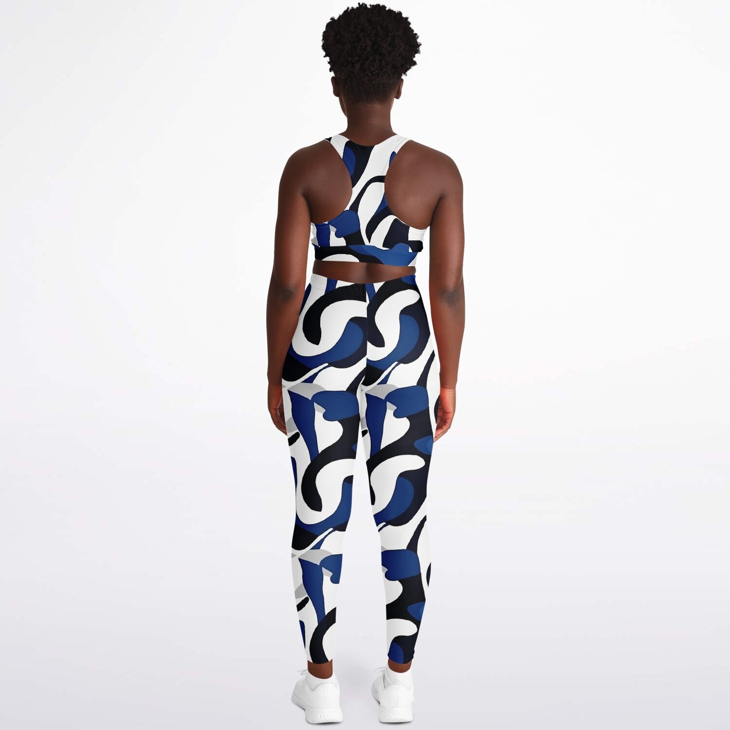 Blue with white and black Padded Sports Bra & Leggings - AOP