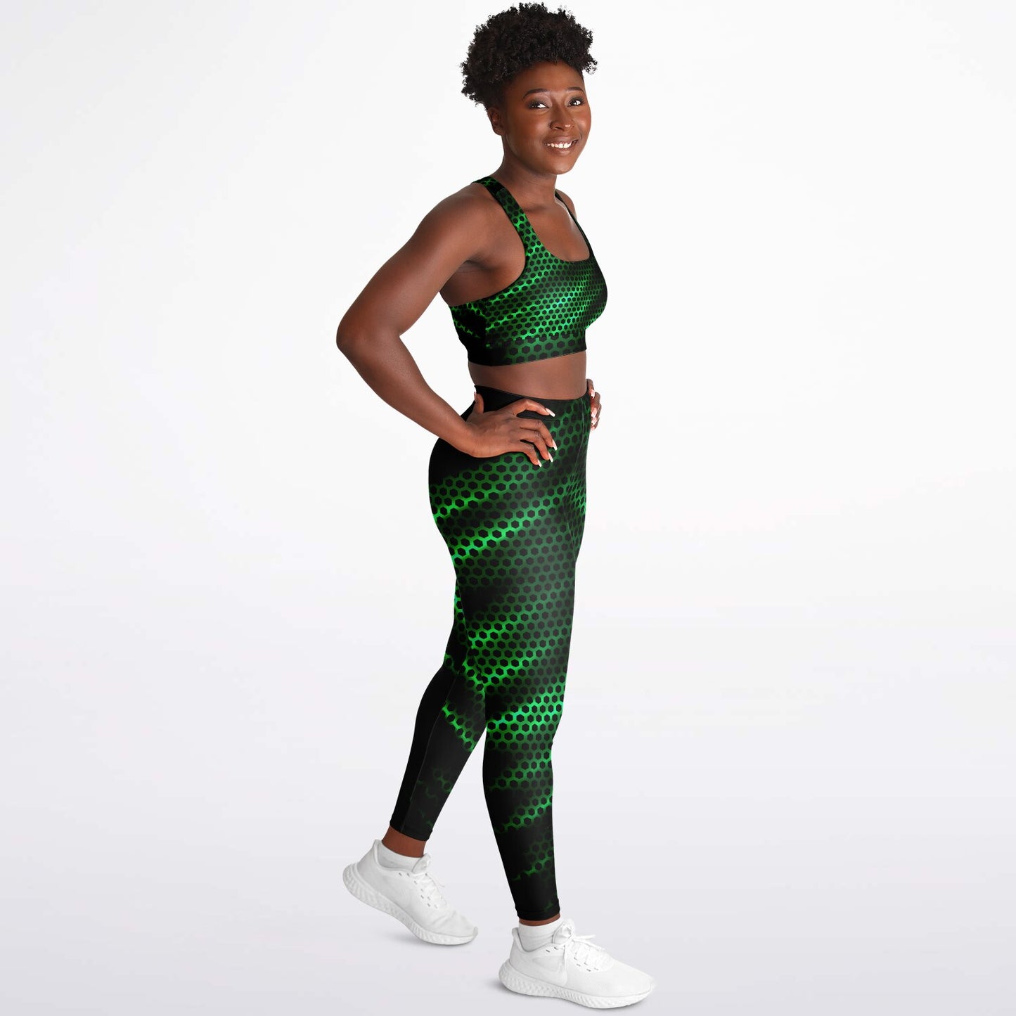 Black Carbon with Green Padded Sports Bra & Leggings -
