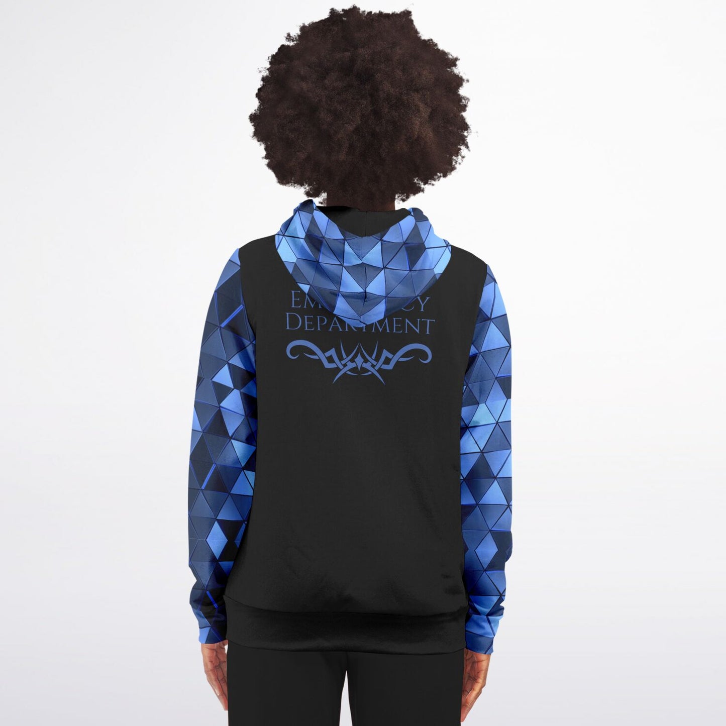 Emergency Department Tribal style 1, RN, Nurse Fashion Zip-Up Hoodie - Black, blue text, with blue diamond sleeves
