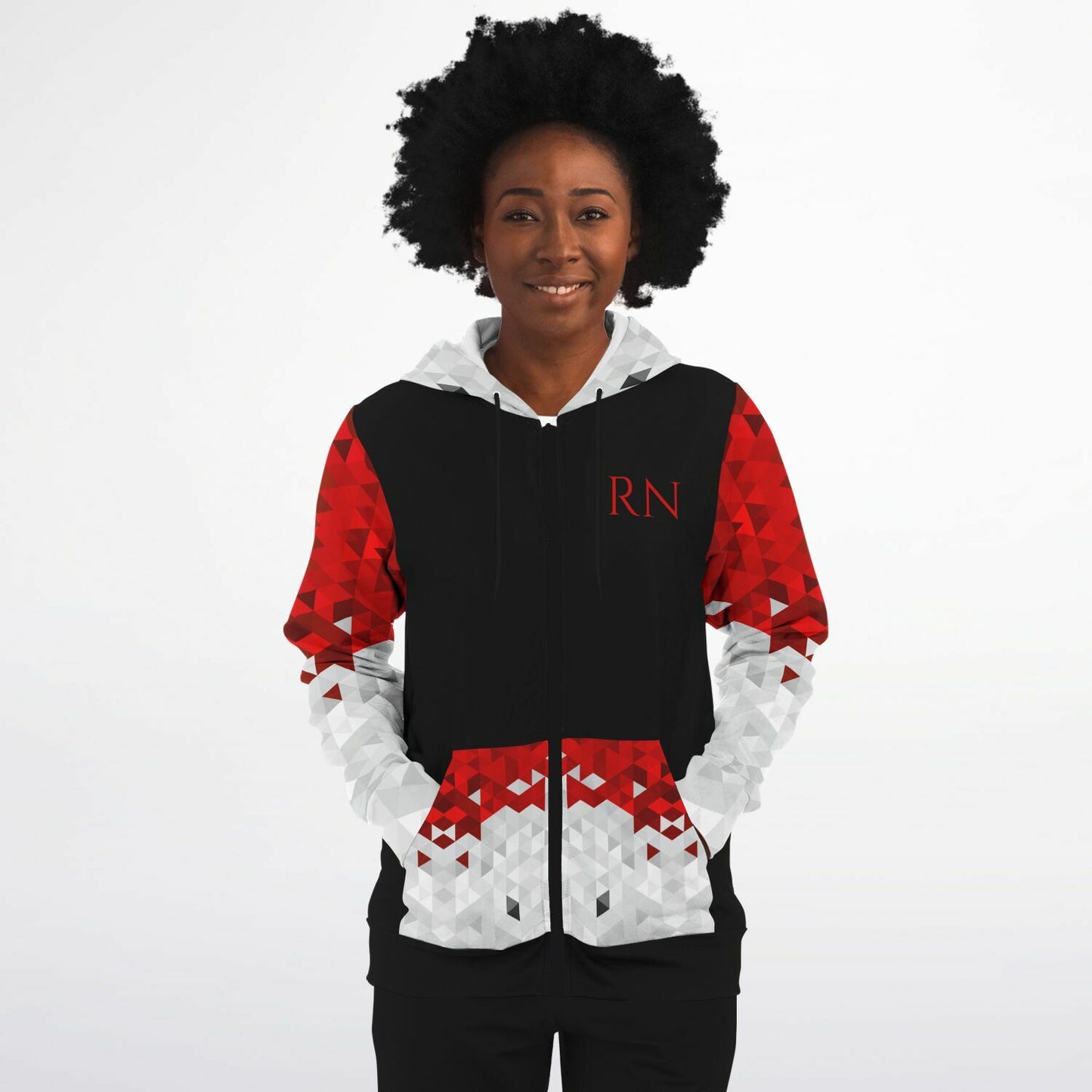RN, Nurse Fashion Zip-Up Hoodie - Black, red text, with red, white, silver diamond sleeves