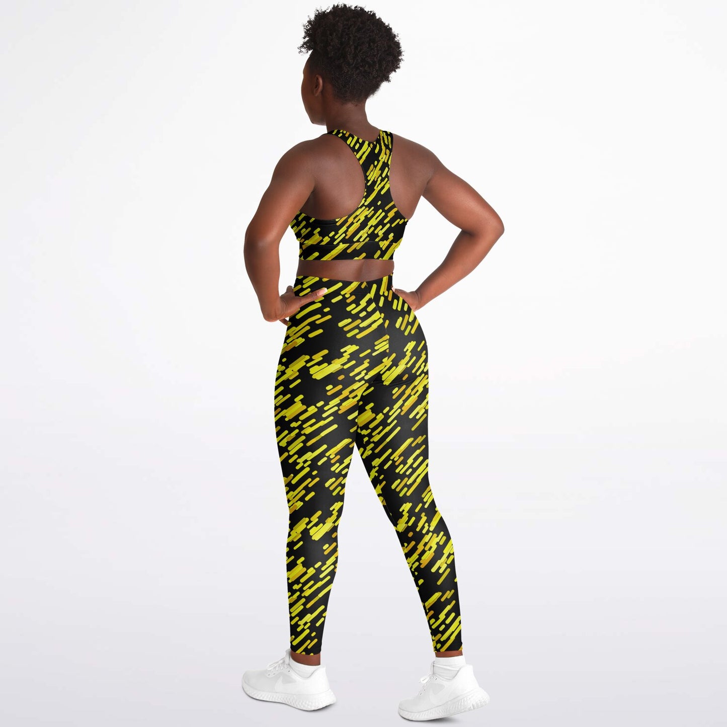Yellow black Padded Sports Bra & Leggings - AOP