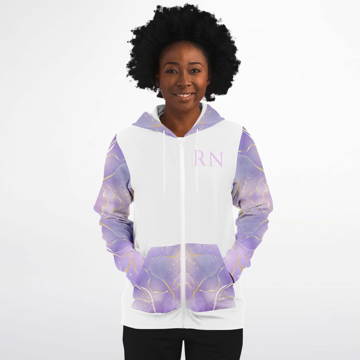 RN, Nurse Fashion Zip-Up Hoodie - White, gold text, with purple and gold ribbon sleeves