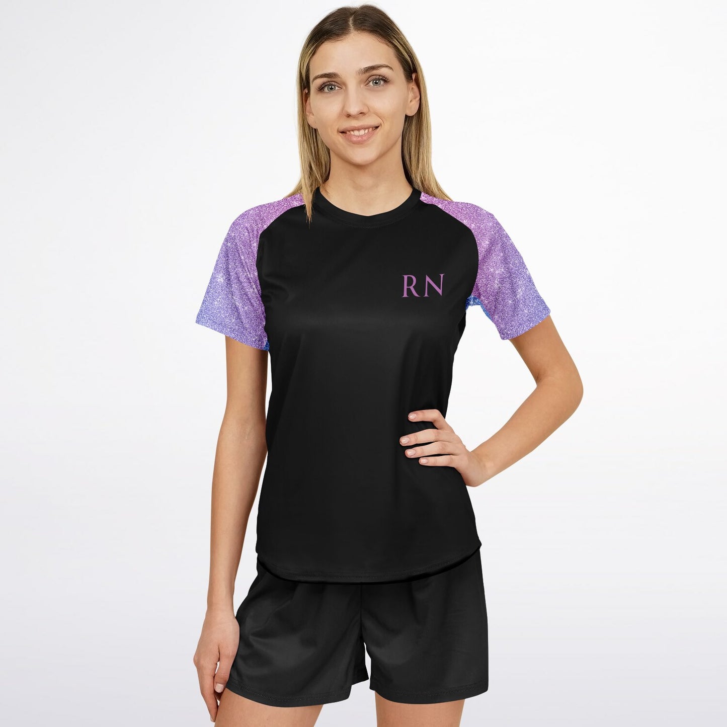 MICU, RN Active tee - Purple and pink sleeves