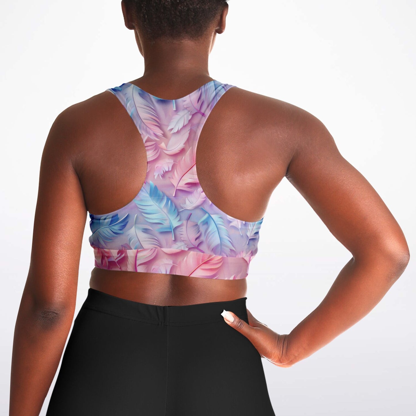 Pink and Blue feathers Padded Sports Bra - AOP