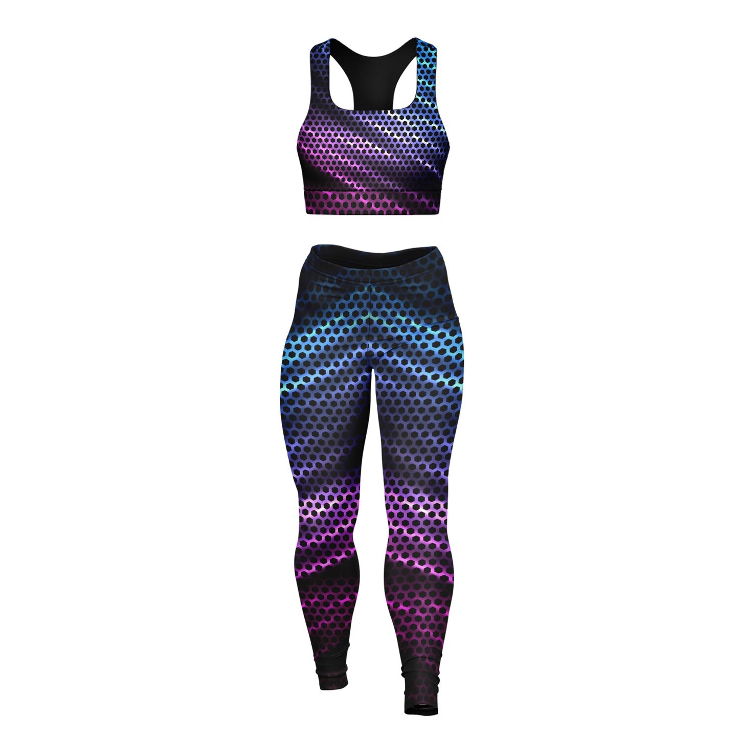 Black Carbon with Pink and Blue Padded Sports Bra & Leggings -