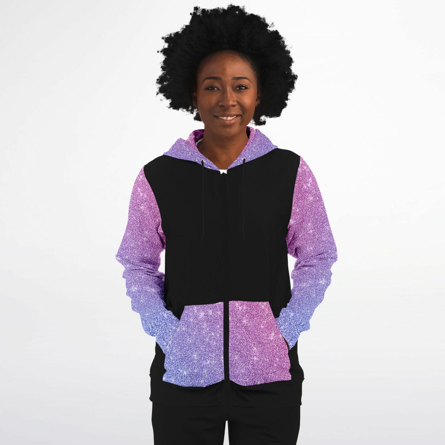 Black, purple and pink sparkle sleeves Fashion Zip-Up Hoodie -