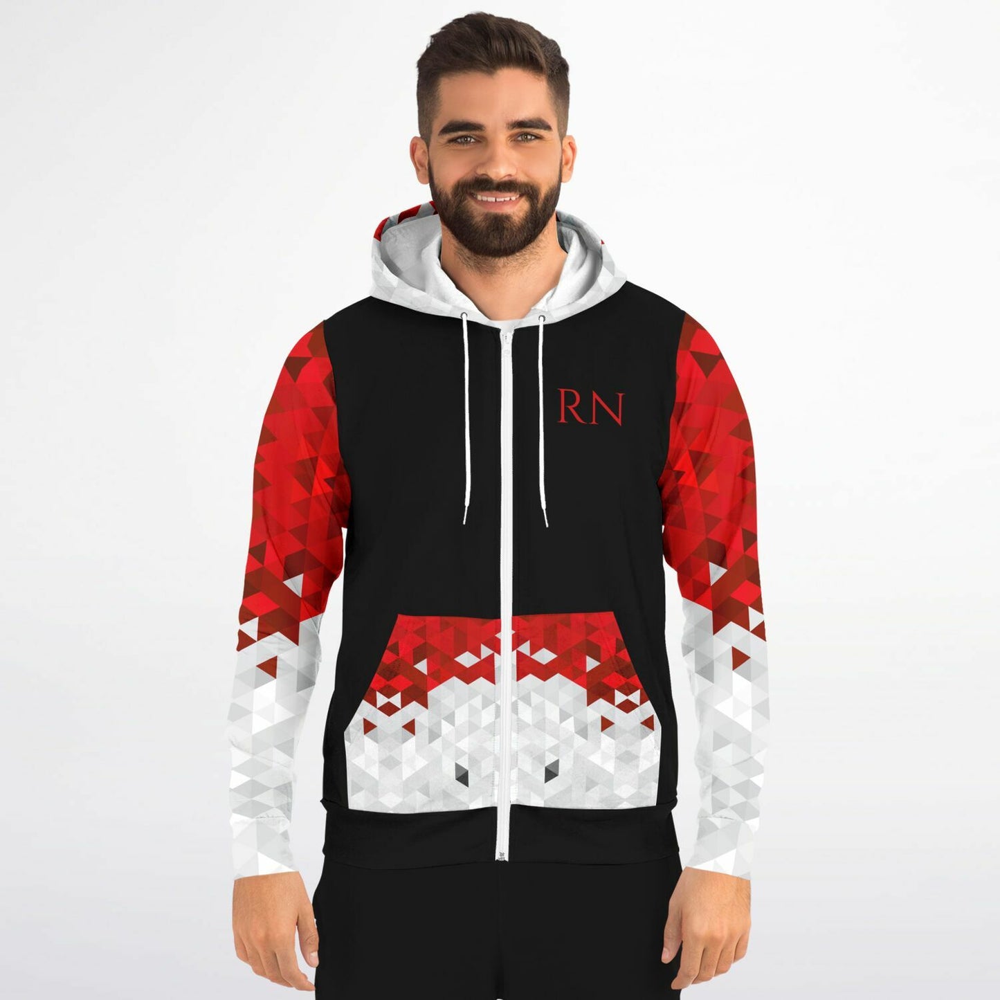Emergency department Tribal Style , RN, Nurse Fashion Zip-Up Hoodie - Black, red text, with red, white, silver diamond sleeves