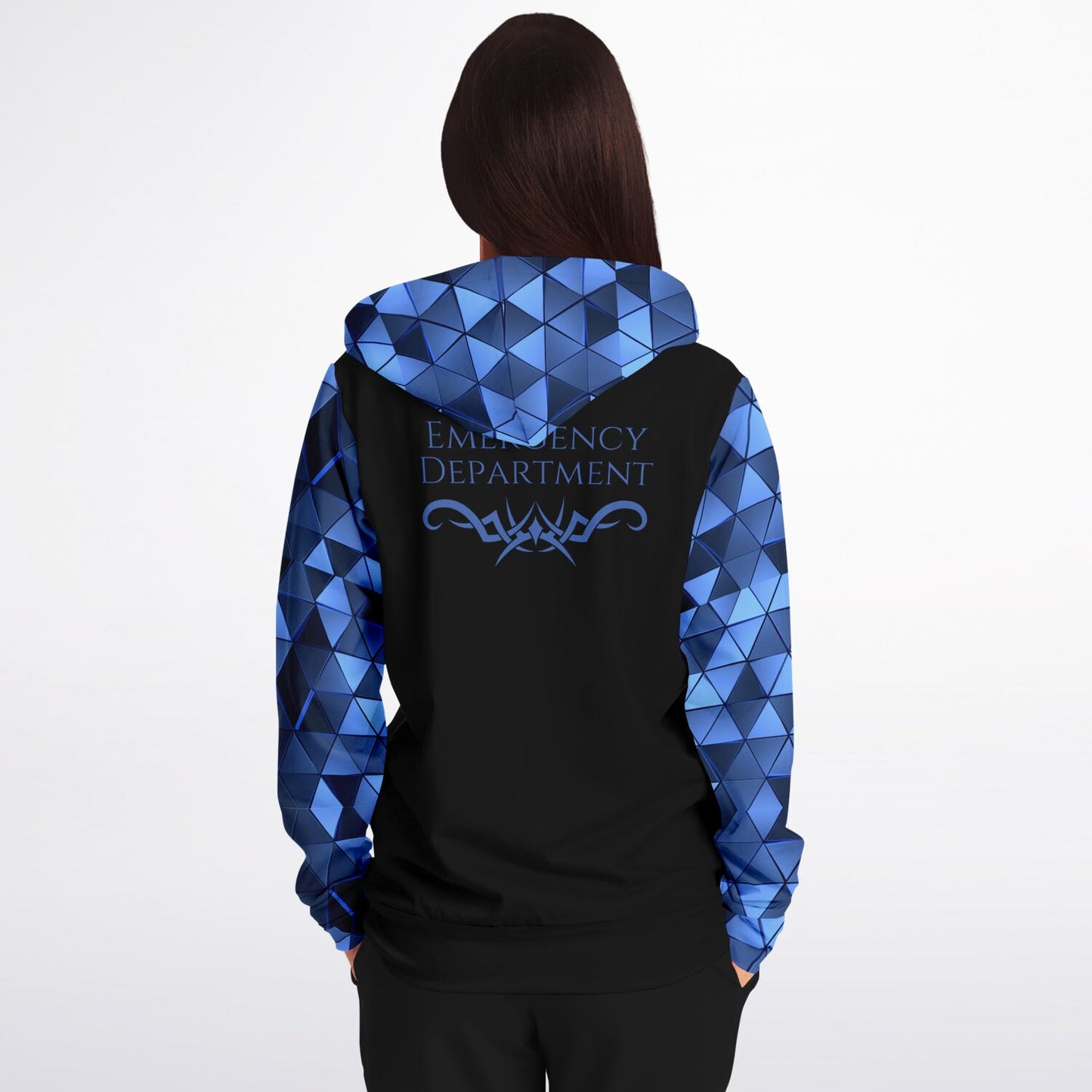 Emergency Department Tribal style 1, RN, Nurse Fashion Zip-Up Hoodie - Black, blue text, with blue diamond sleeves