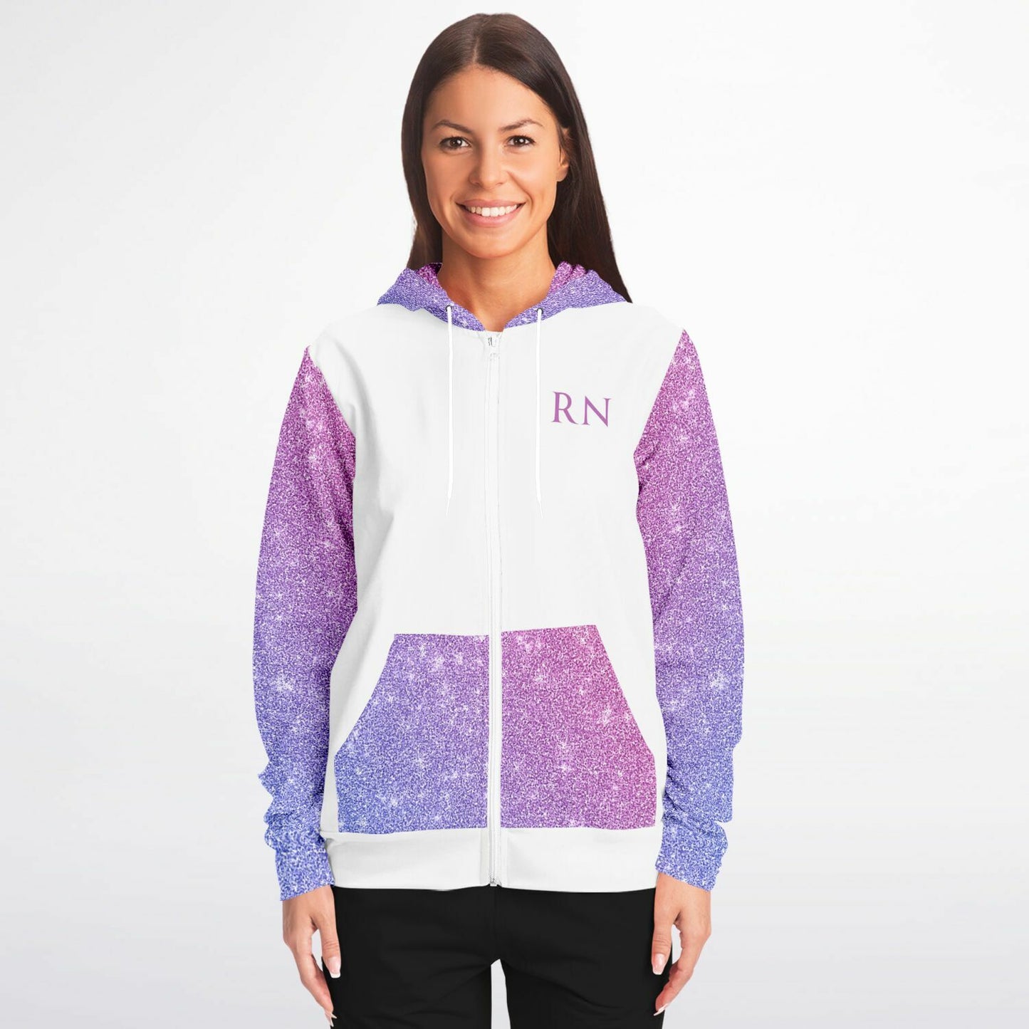 RN, Nurse Fashion Zip-Up Hoodie - White, purple and pink