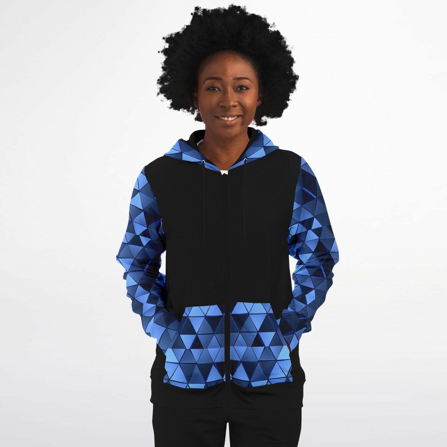 Black with Blue diamond sleeves Fashion Zip-Up Hoodie -