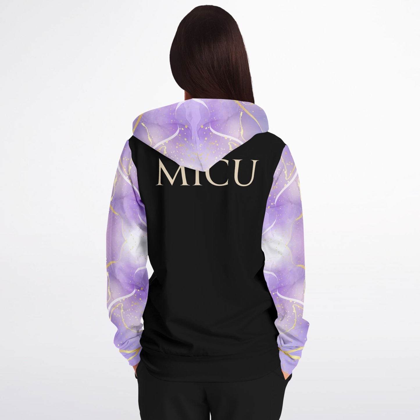 MICU, RN, Nurse Fashion Zip-Up Hoodie - Black, gold text, with purple and gold ribbon sleeves