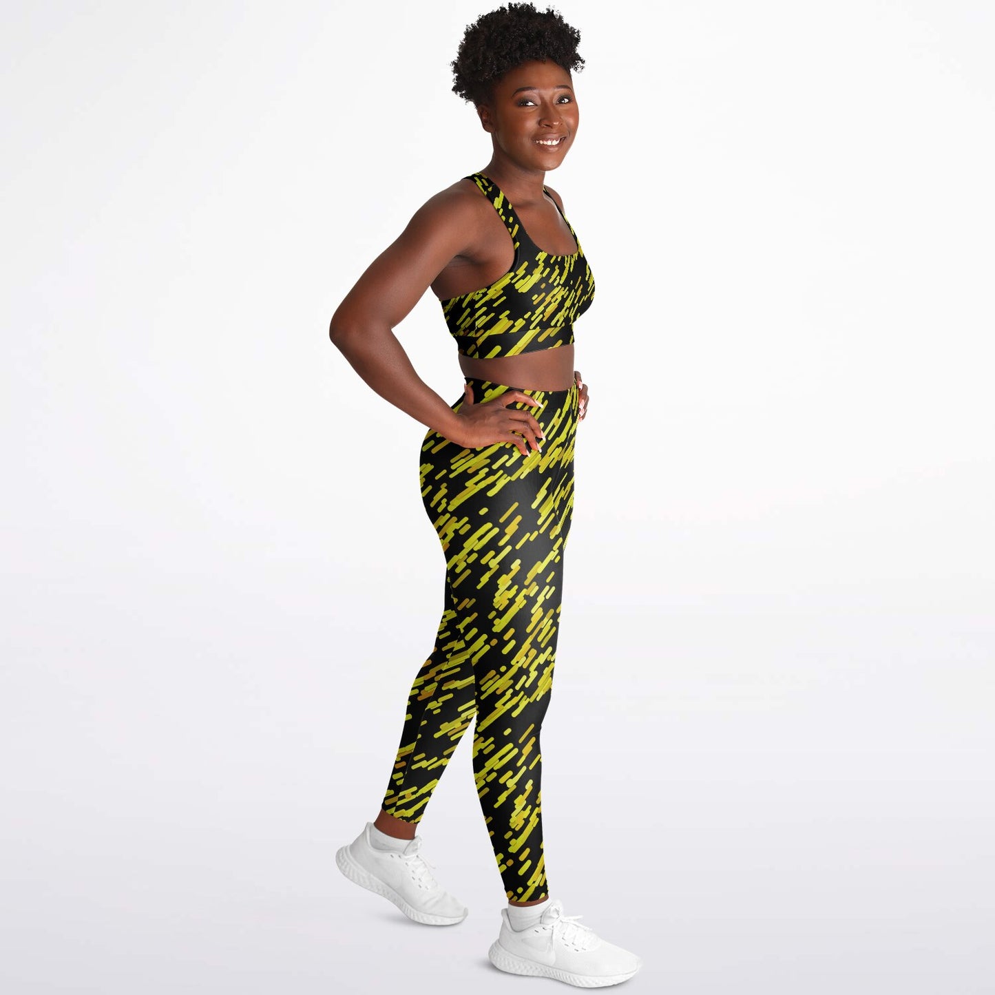 Yellow black Padded Sports Bra & Leggings - AOP