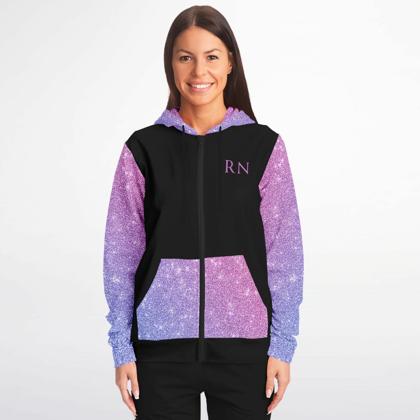 RN, Nurse Fashion Zip-Up Hoodie - Black, purple and pink