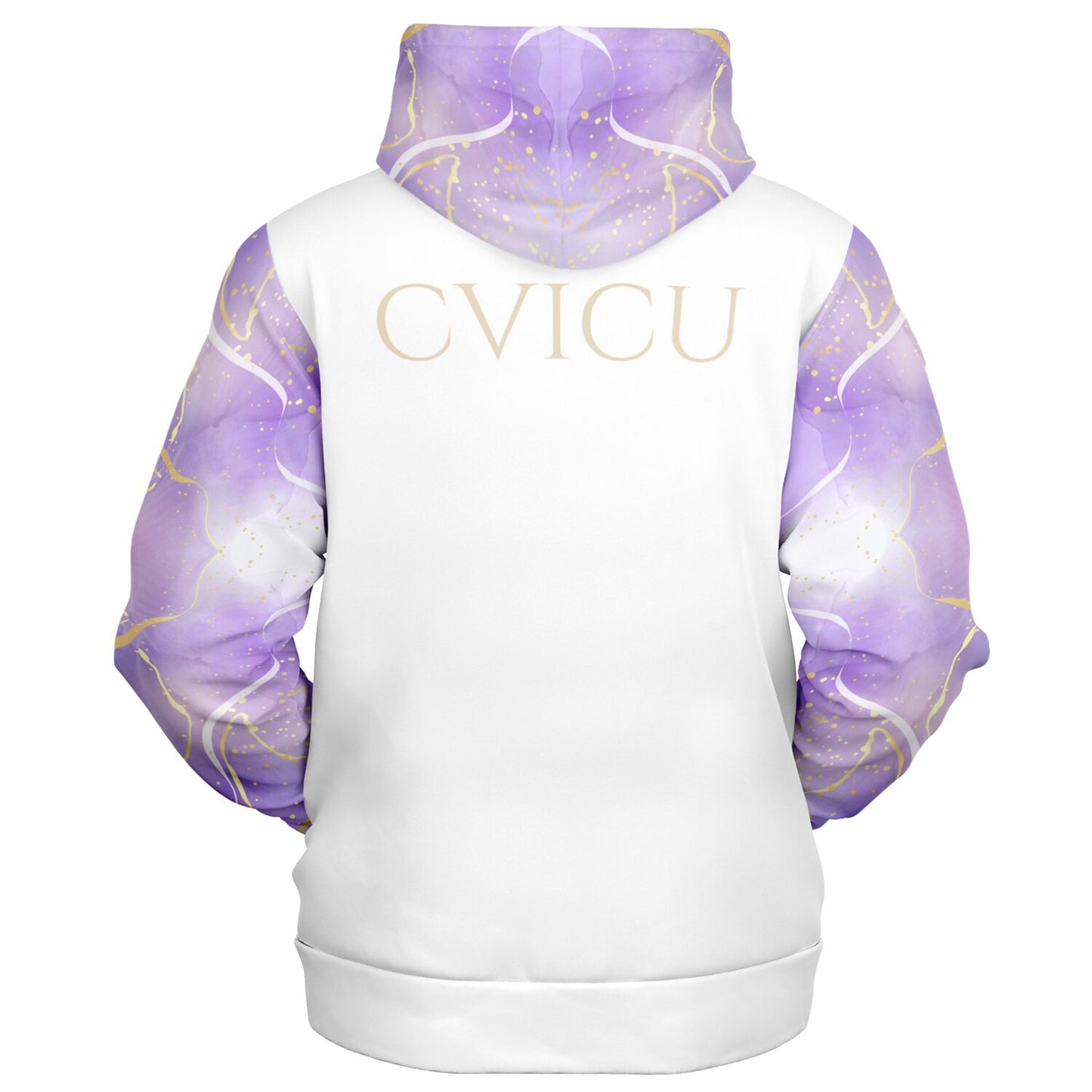 CVICU, RN, Nurse Fashion Zip-Up Hoodie - White, gold text, with purple and gold ribbon sleeves