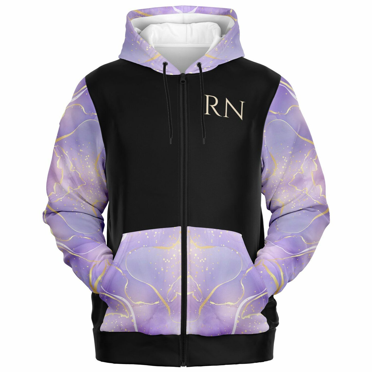 RN, Nurse Fashion Zip-Up Hoodie - Black, gold text, with purple and gold ribbon sleeves copy copy