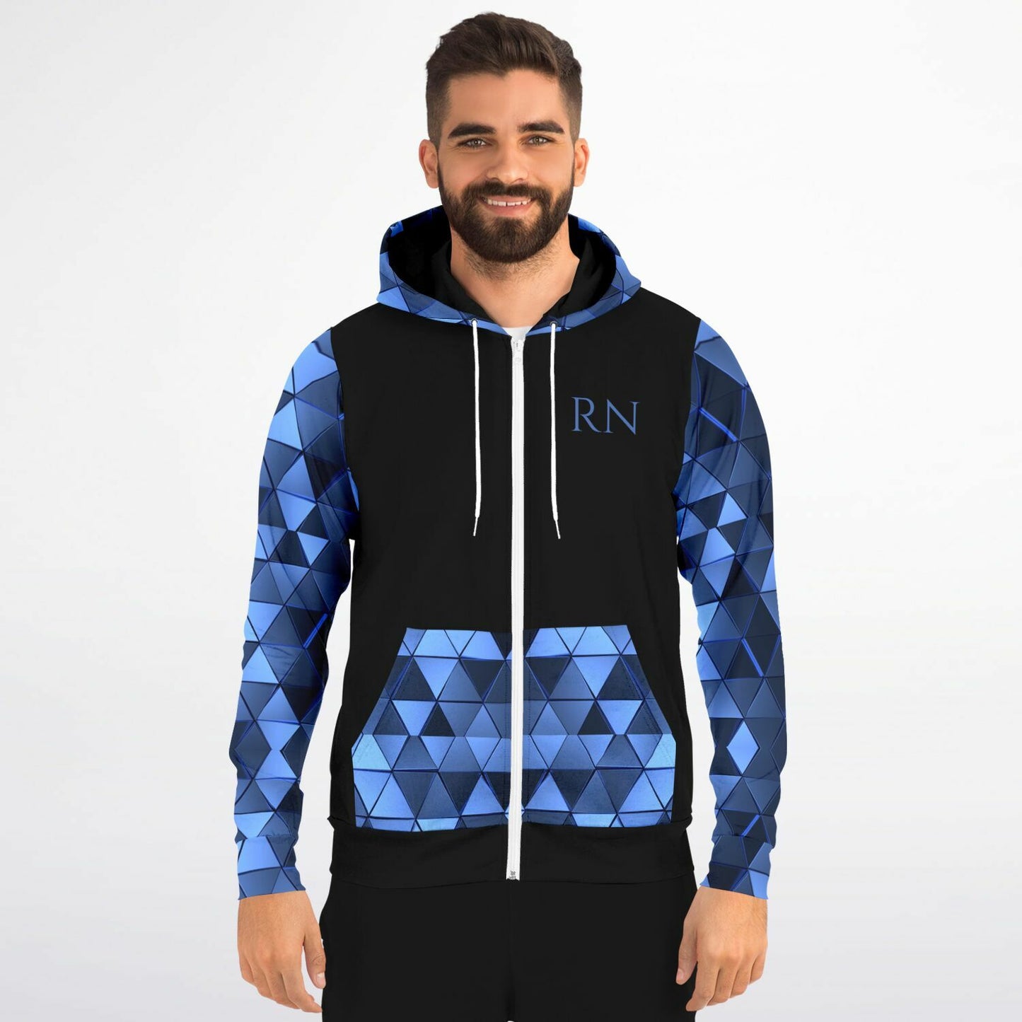 Emergency Department Tribal style 1, RN, Nurse Fashion Zip-Up Hoodie - Black, blue text, with blue diamond sleeves