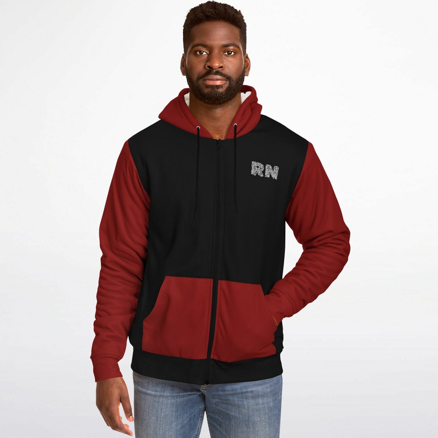 Nurse with US flag, Black and Red Microfleece Zip-hoodie -