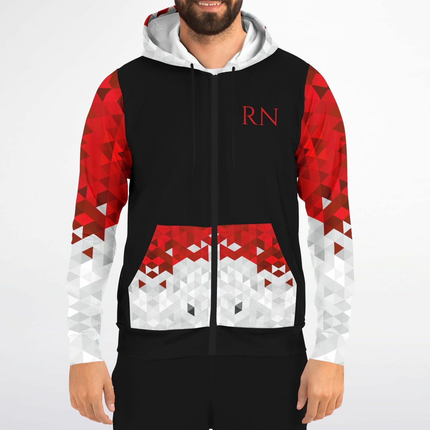 RN, Nurse Fashion Zip-Up Hoodie - Black, red text, with red, white, silver diamond sleeves