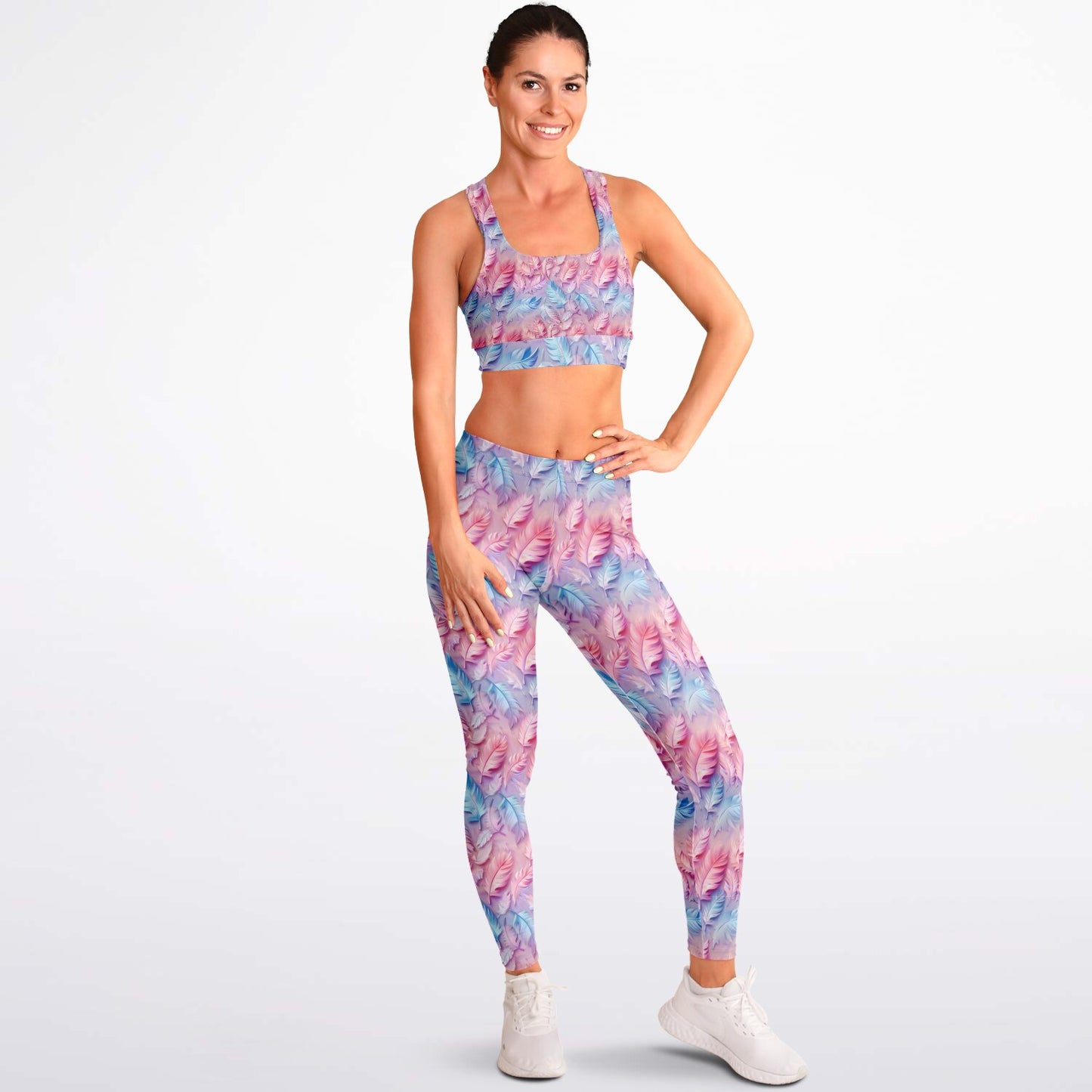 Pink and Blue feathers Padded Sports Bra & Leggings - AOP