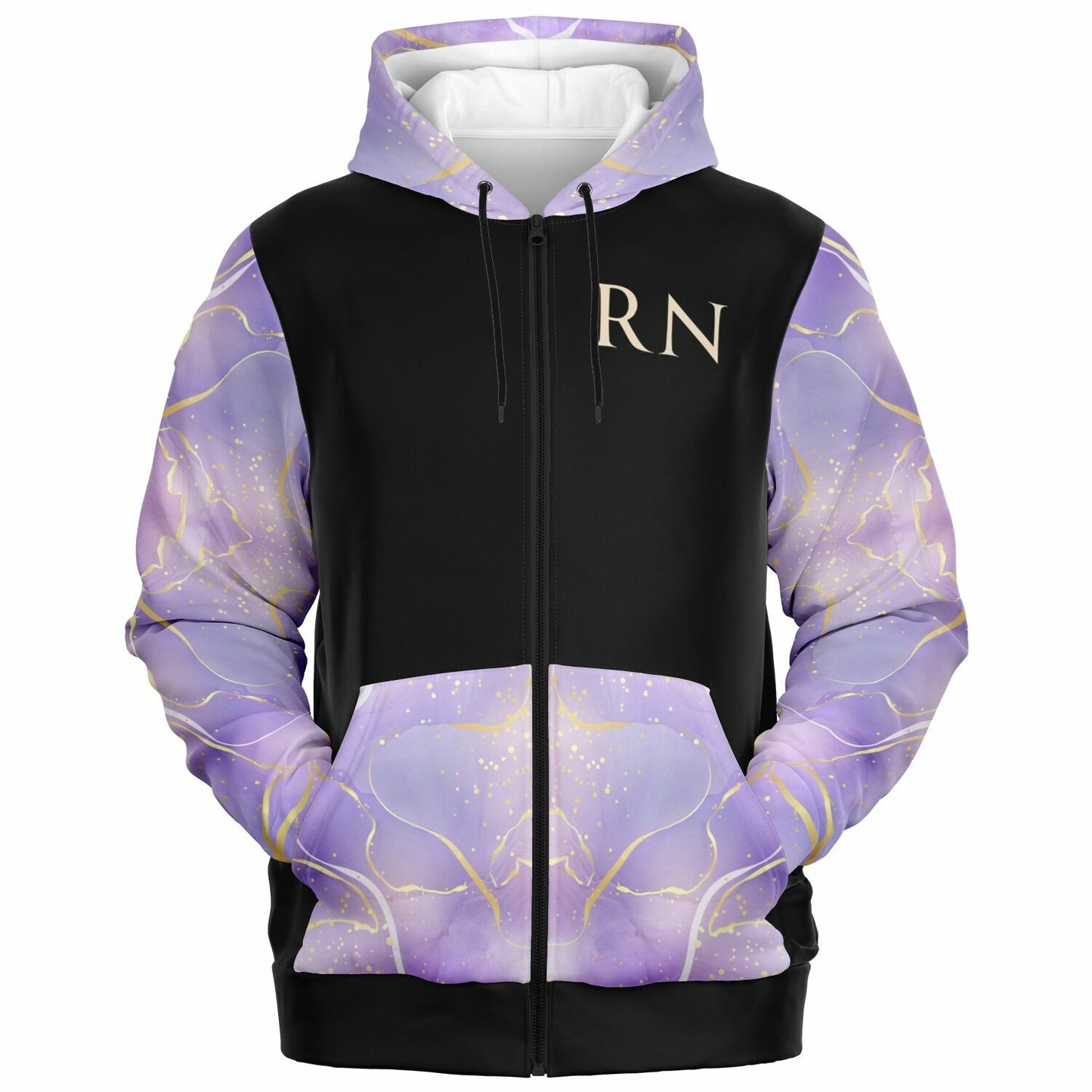MICU, RN, Nurse Fashion Zip-Up Hoodie - Black, gold text, with purple and gold ribbon sleeves