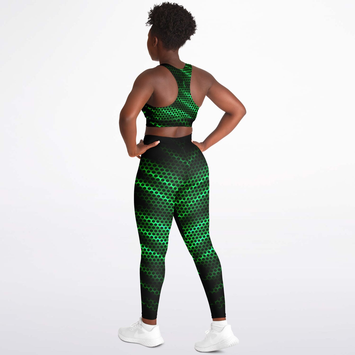 Black Carbon with Green Padded Sports Bra & Leggings -
