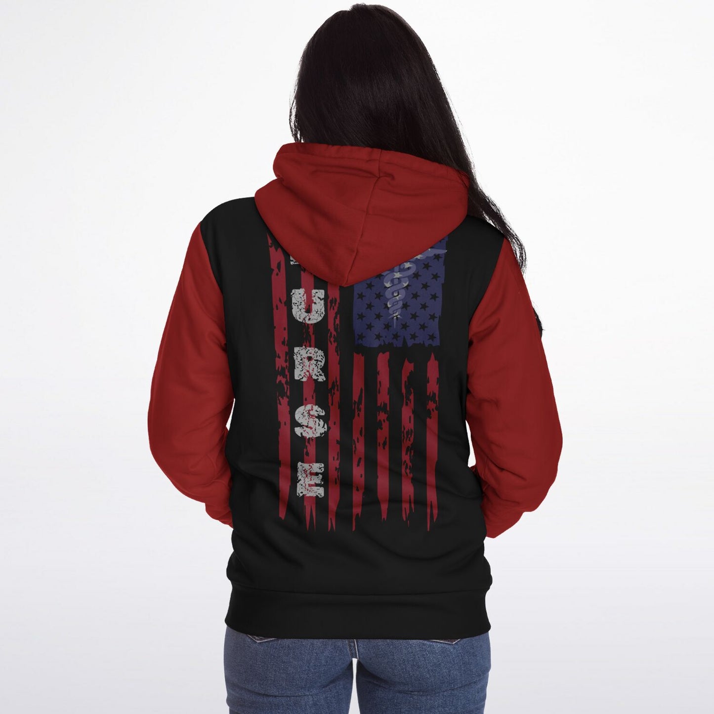 Nurse with US flag, Black and Red Microfleece Zip-hoodie -