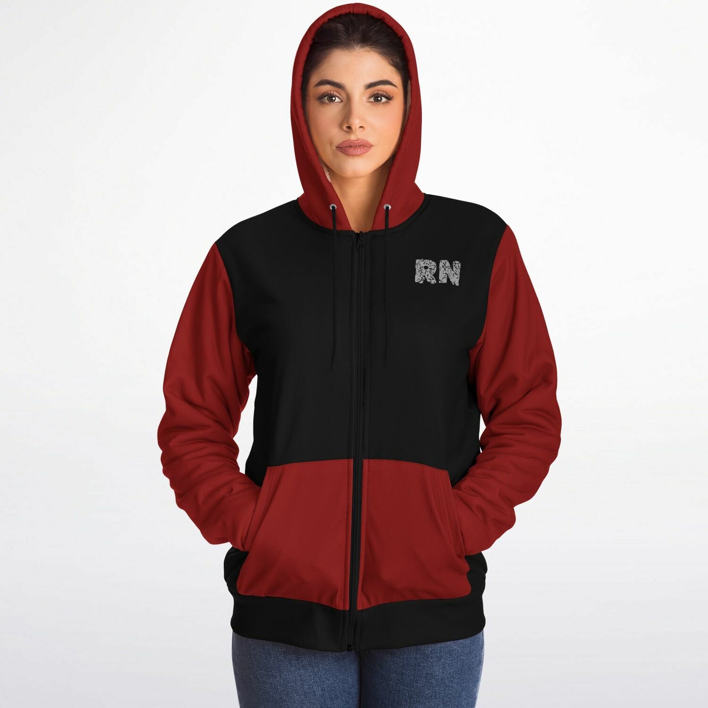 Nurse with US flag, Black and Red Microfleece Zip-hoodie -