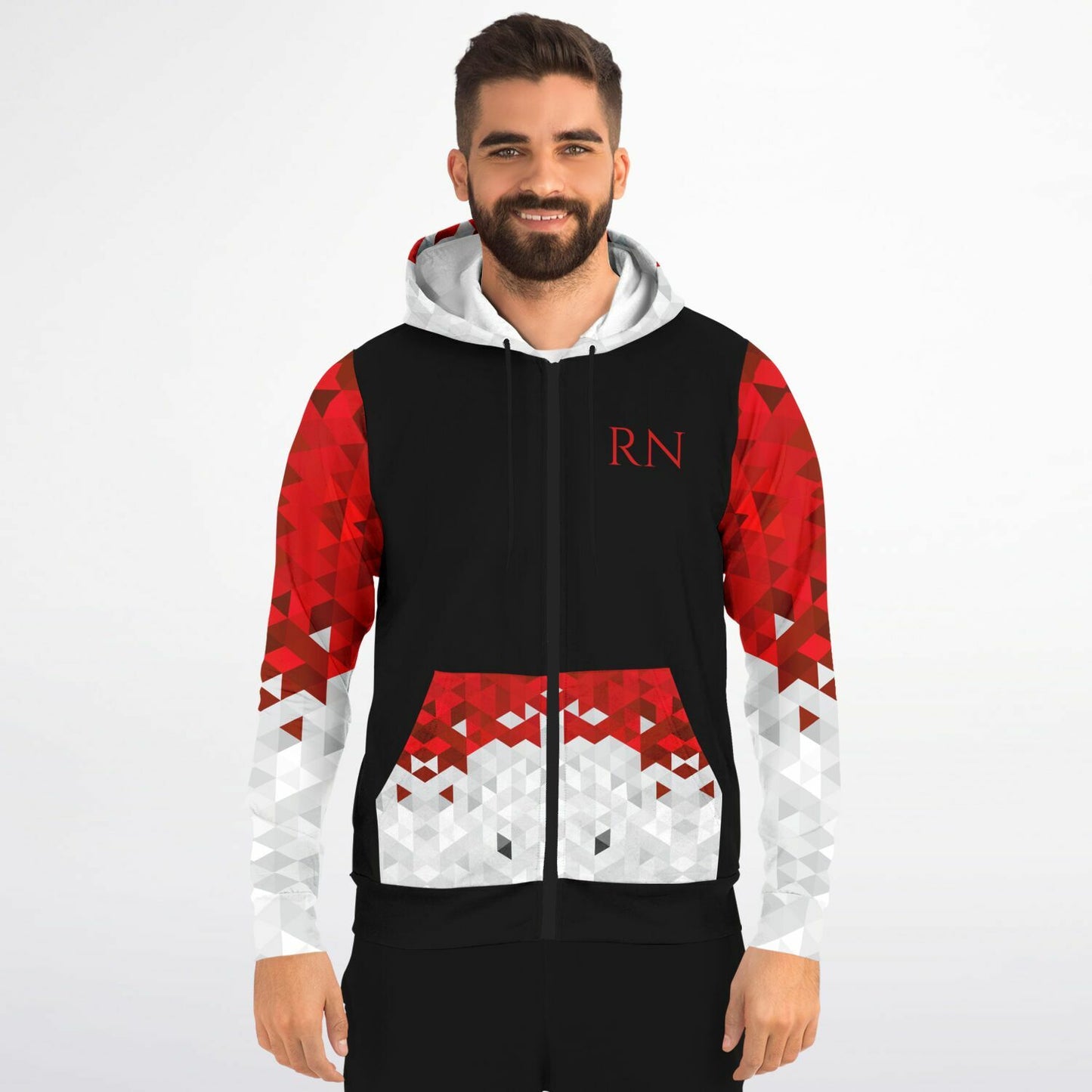 MICU, RN, Nurse Fashion Zip-Up Hoodie - Black, red text, with red, white, silver diamond sleeves