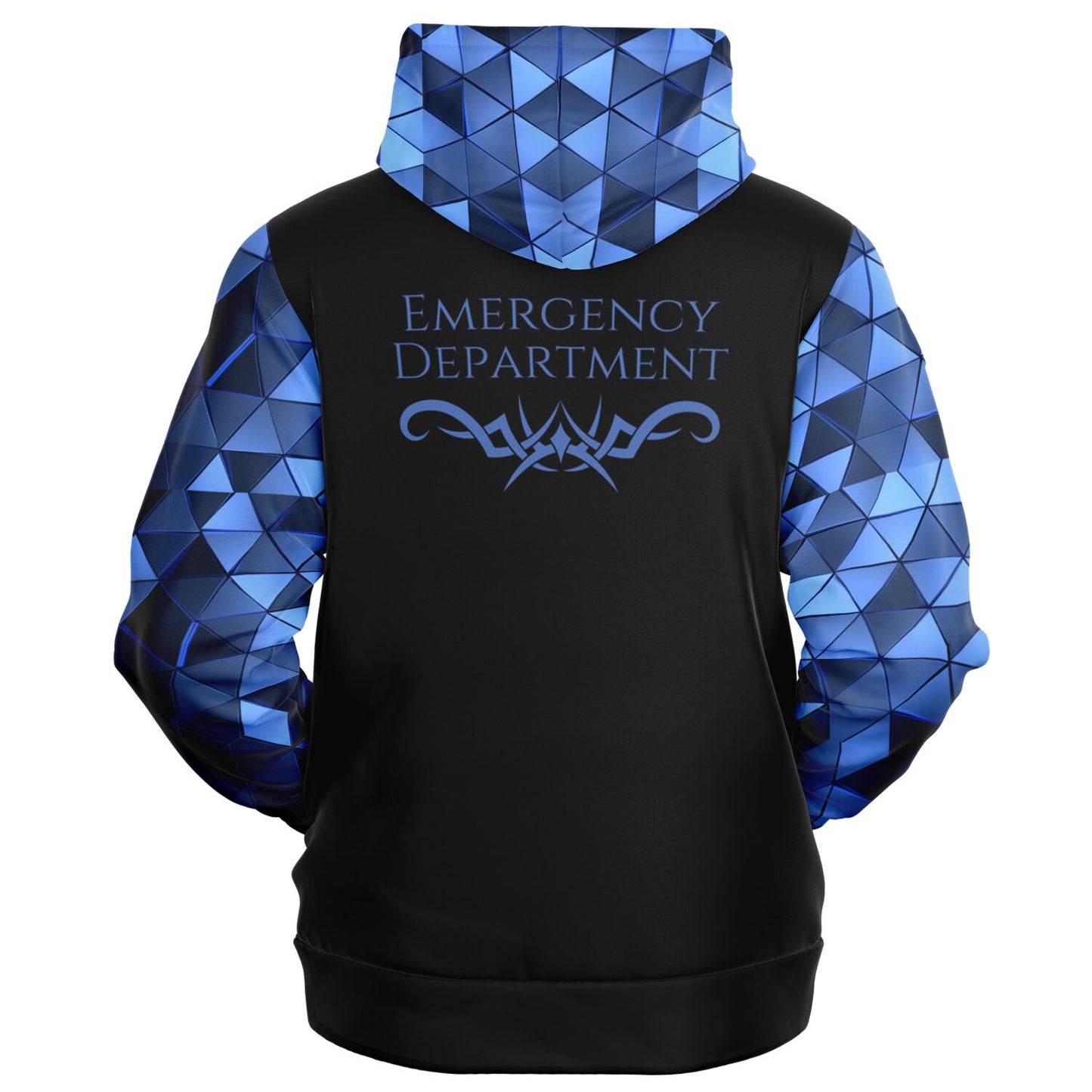 Emergency Department Tribal style 1, RN, Nurse Fashion Zip-Up Hoodie - Black, blue text, with blue diamond sleeves