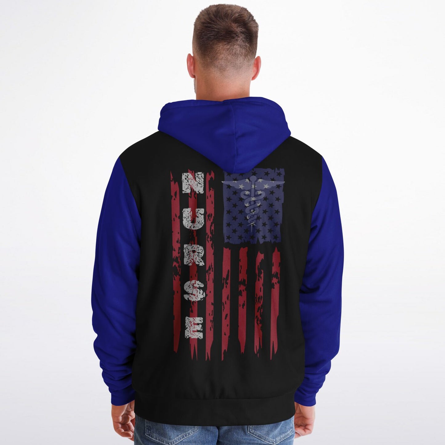 Nurse with US flag, Black and Blue Microfleece Zip-hoodie -