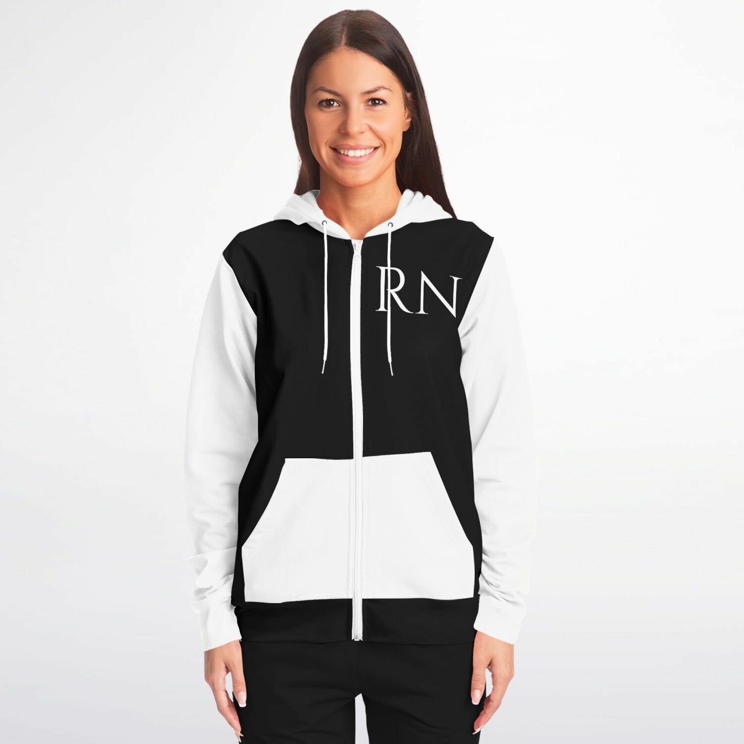 RN, MICU, Nursing, Fashion Zip-Up Hoodie - Black and white