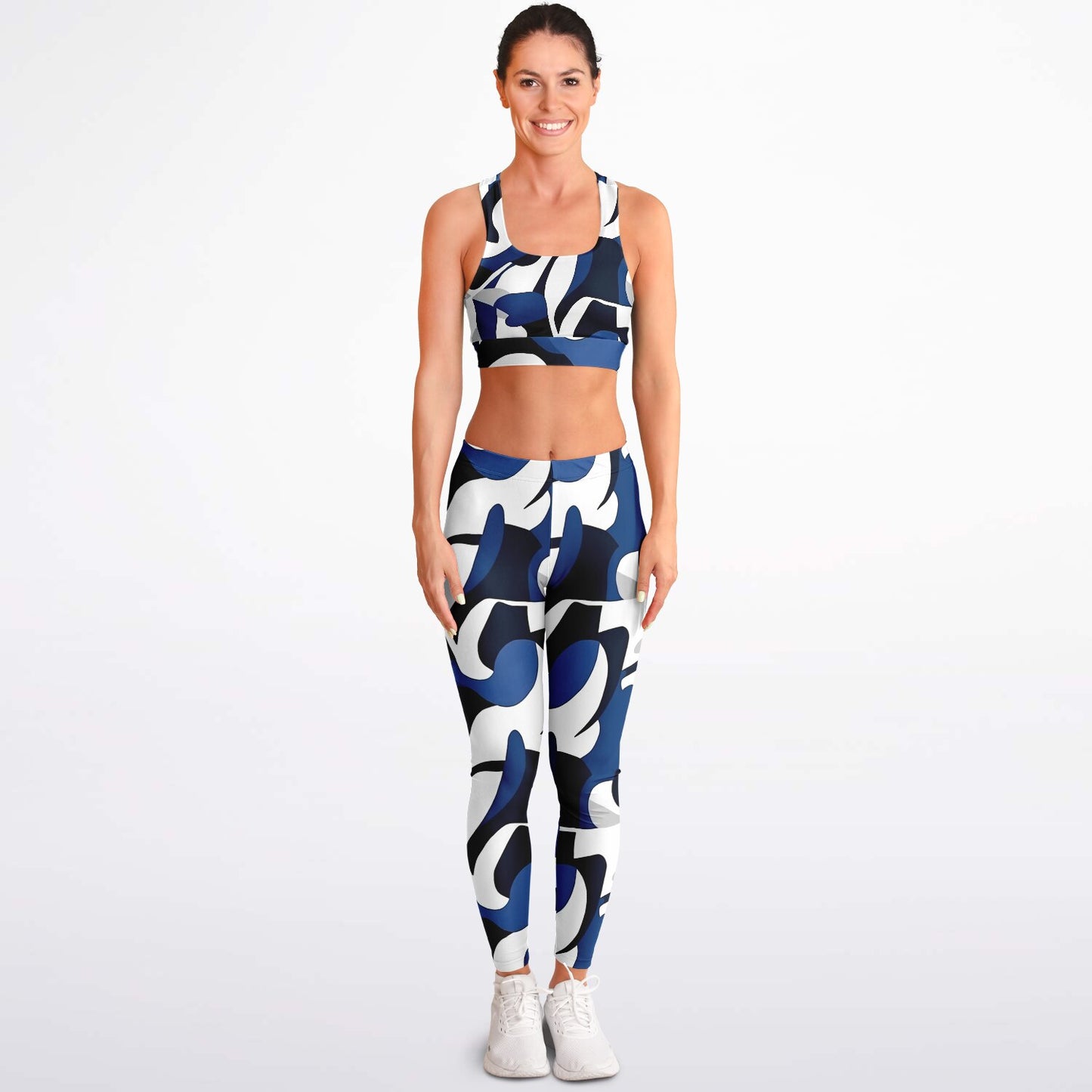 Blue with white and black Padded Sports Bra & Leggings - AOP