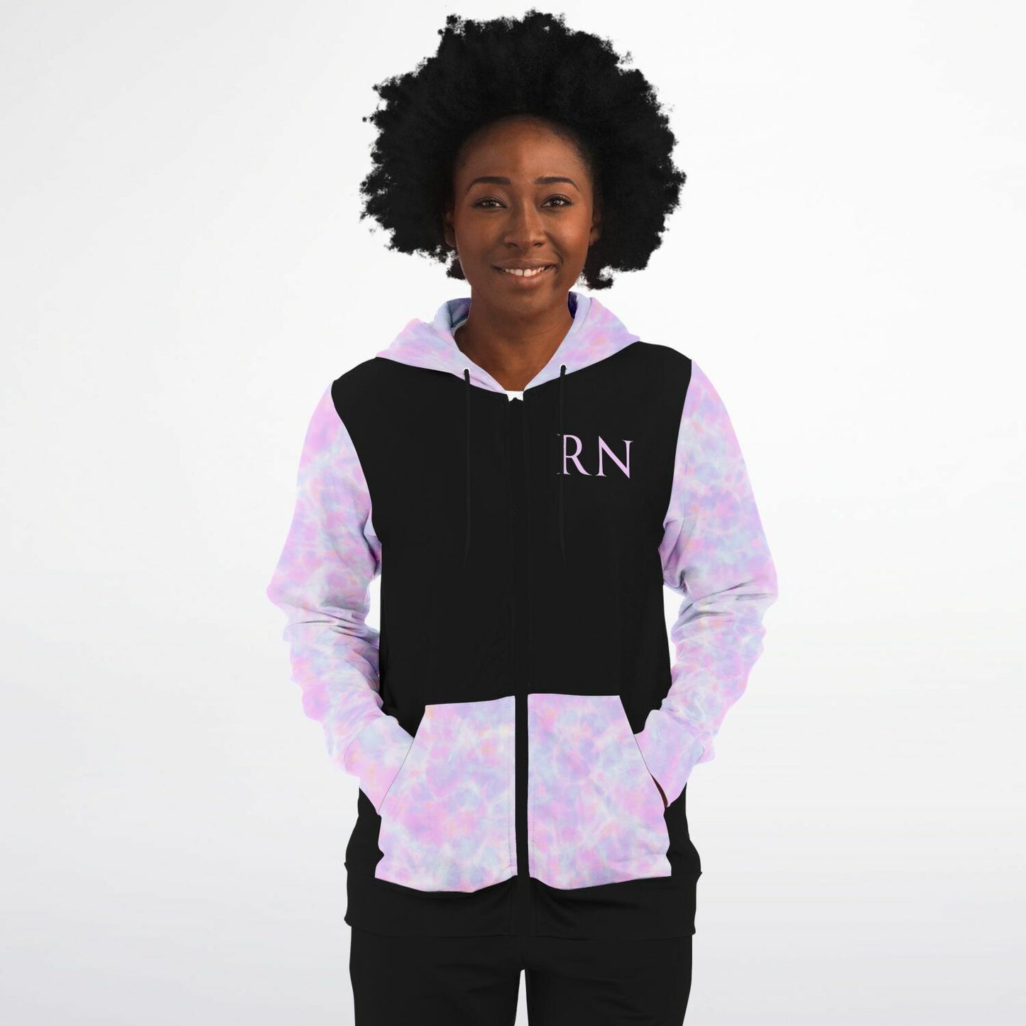 CVICU, RN, Nurse Fashion Zip-Up Hoodie - Black, purple and light blue sleeves copy