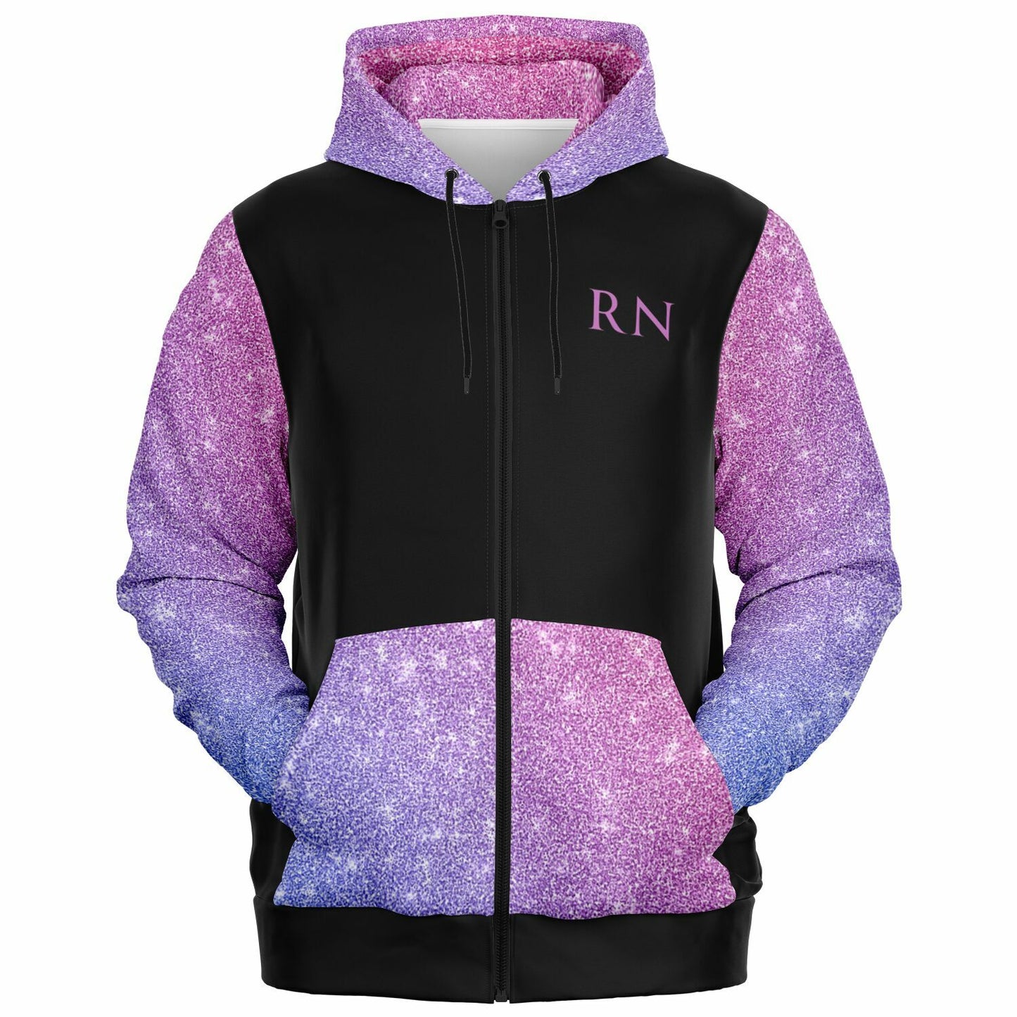 RN, Nurse Fashion Zip-Up Hoodie - Black, purple and pink