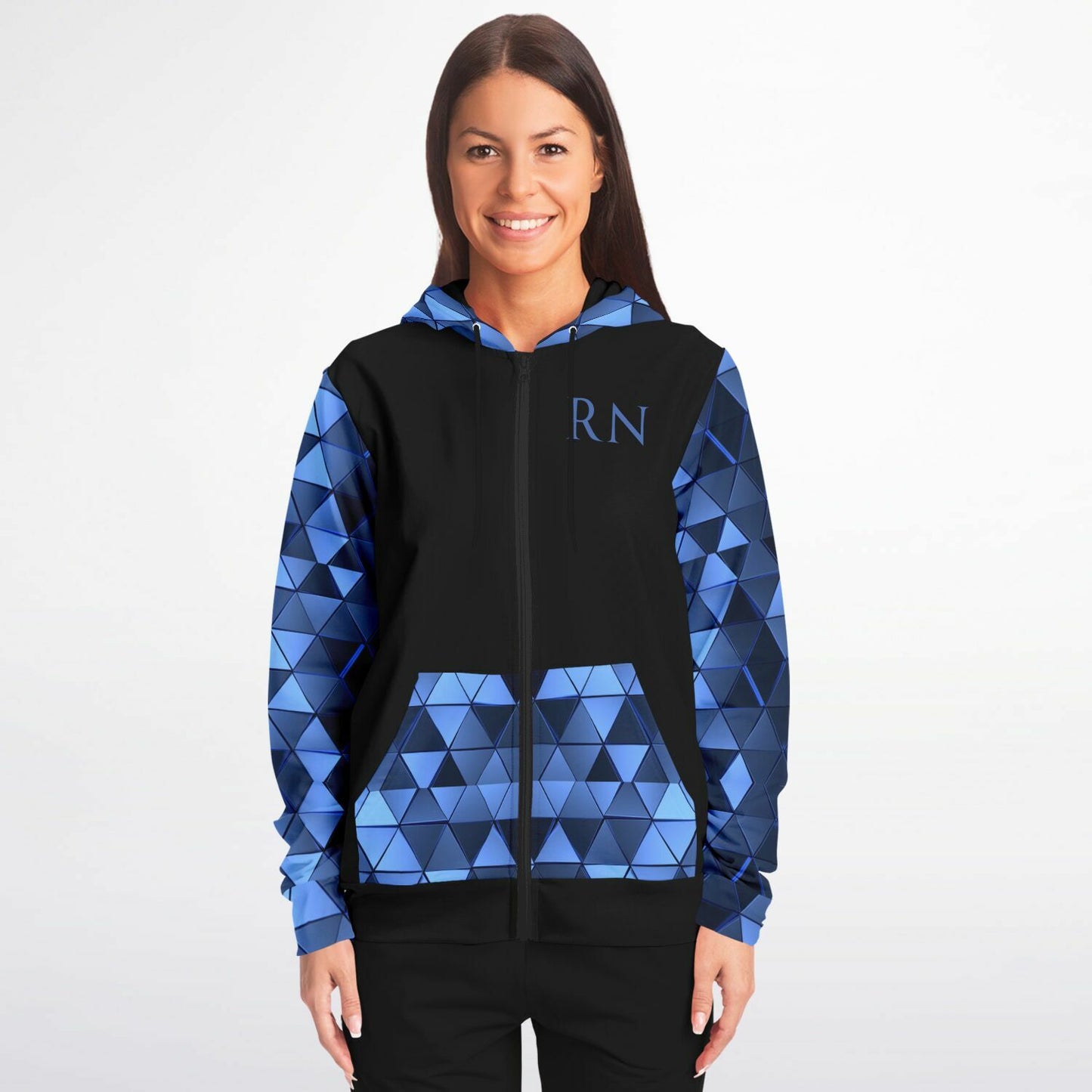 MICU, RN, Nurse Fashion Zip-Up Hoodie - Black, blue text, with blue diamond sleeves